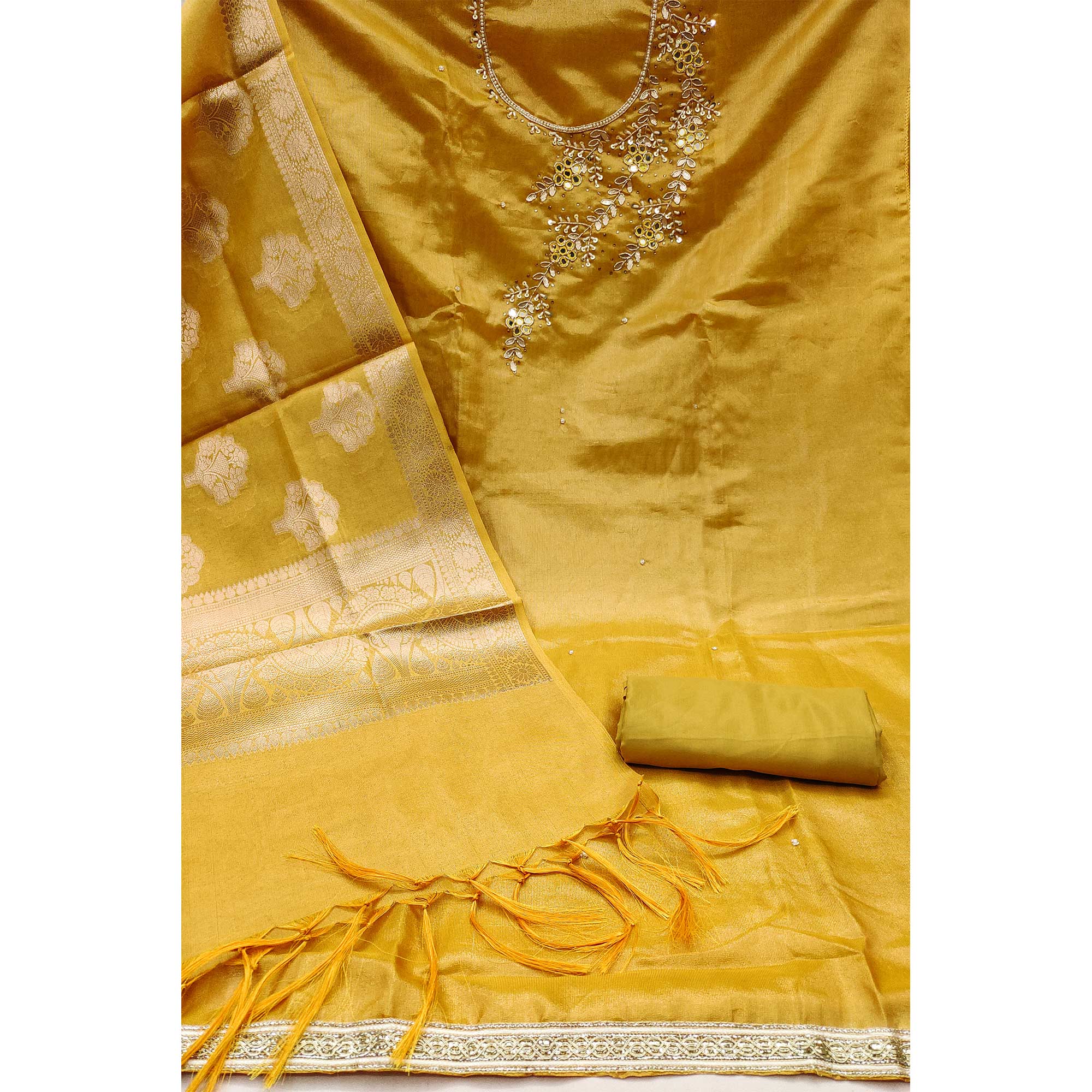 Yellow Floral Hand Embroidered Viscose Dress Material