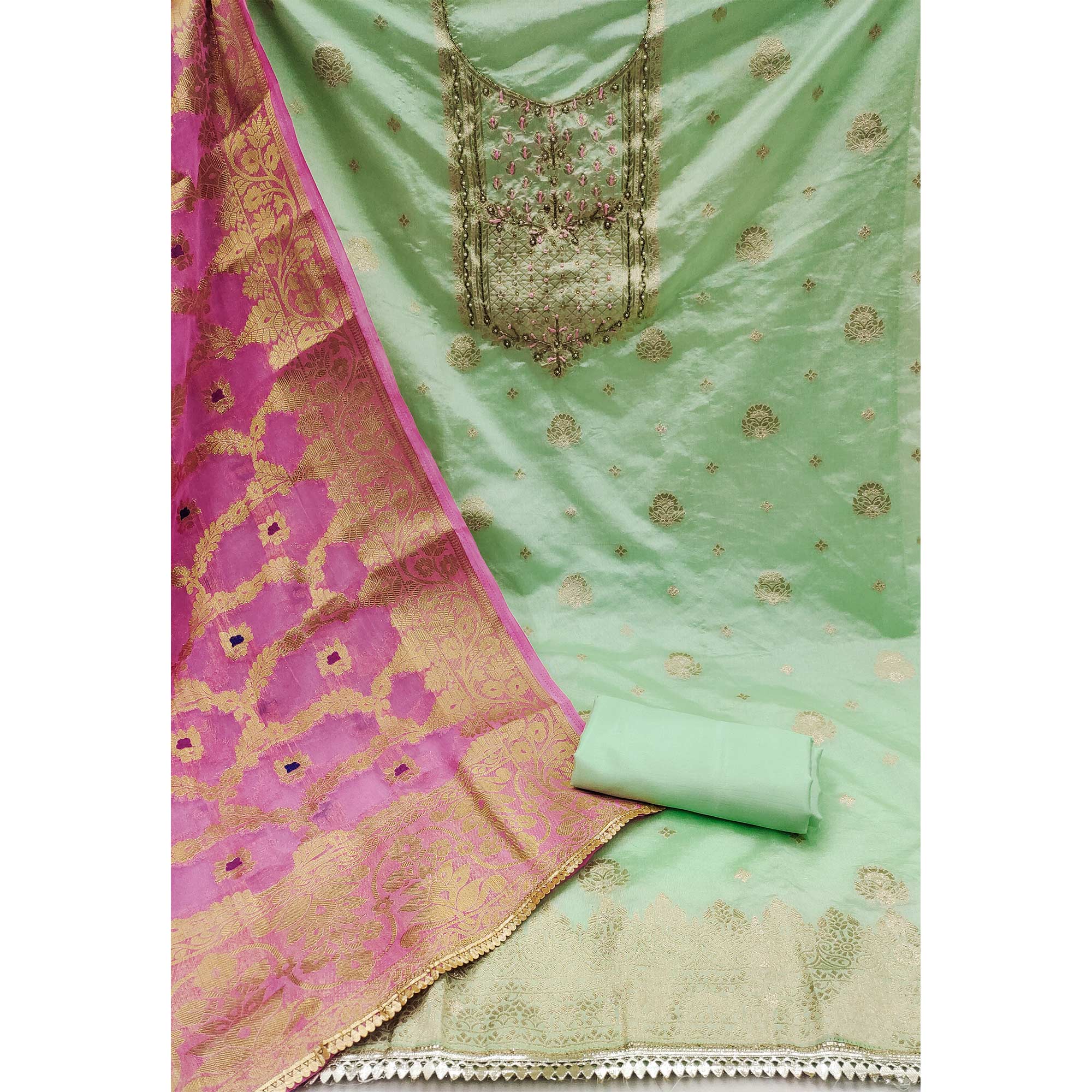 Green Woven With Hand Embroidered Chanderi Dress Material