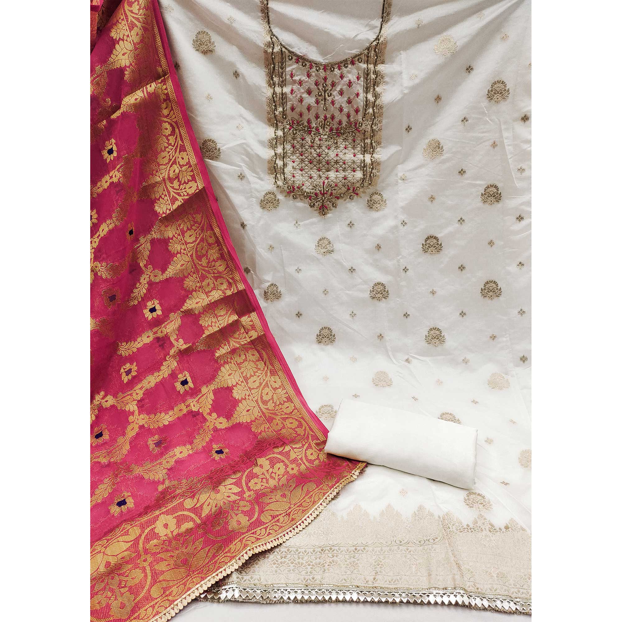 Offwhite Woven With Hand Embroidered Chanderi Dress Material