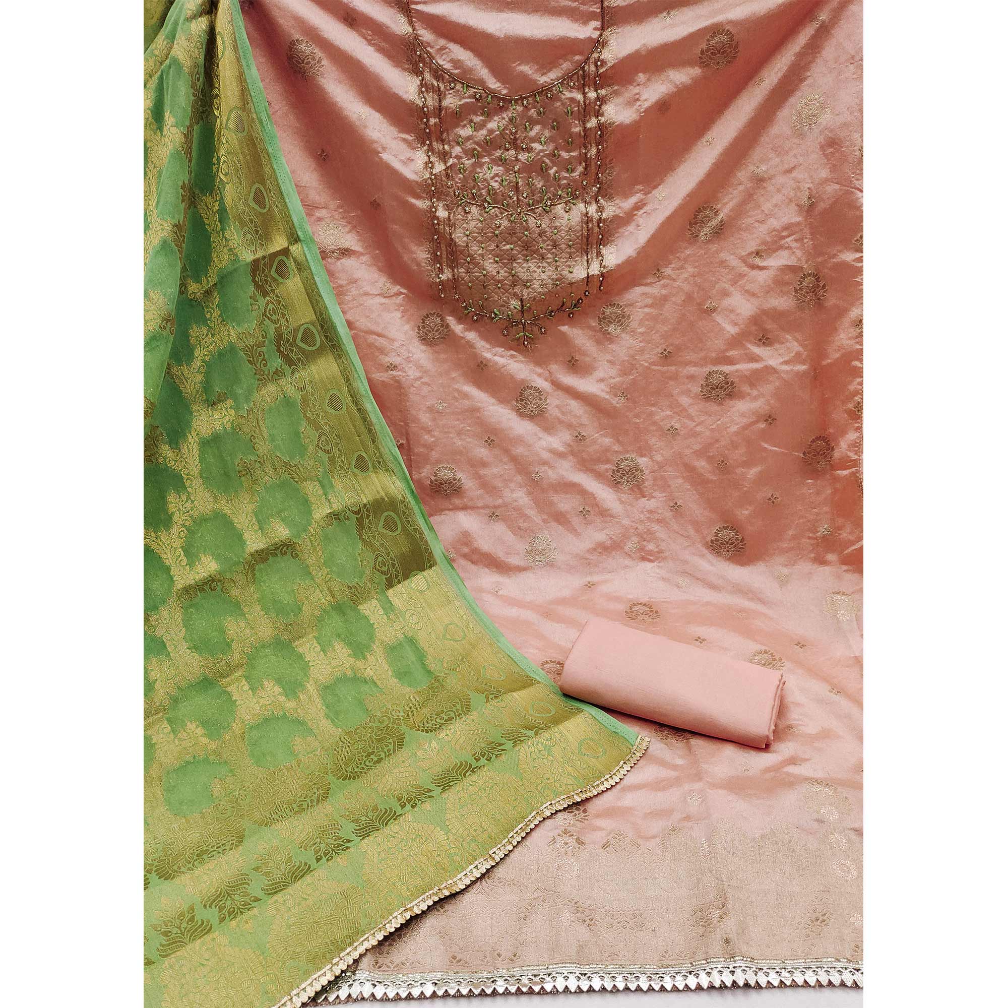 Peach Woven With Hand Embroidered Chanderi Dress Material