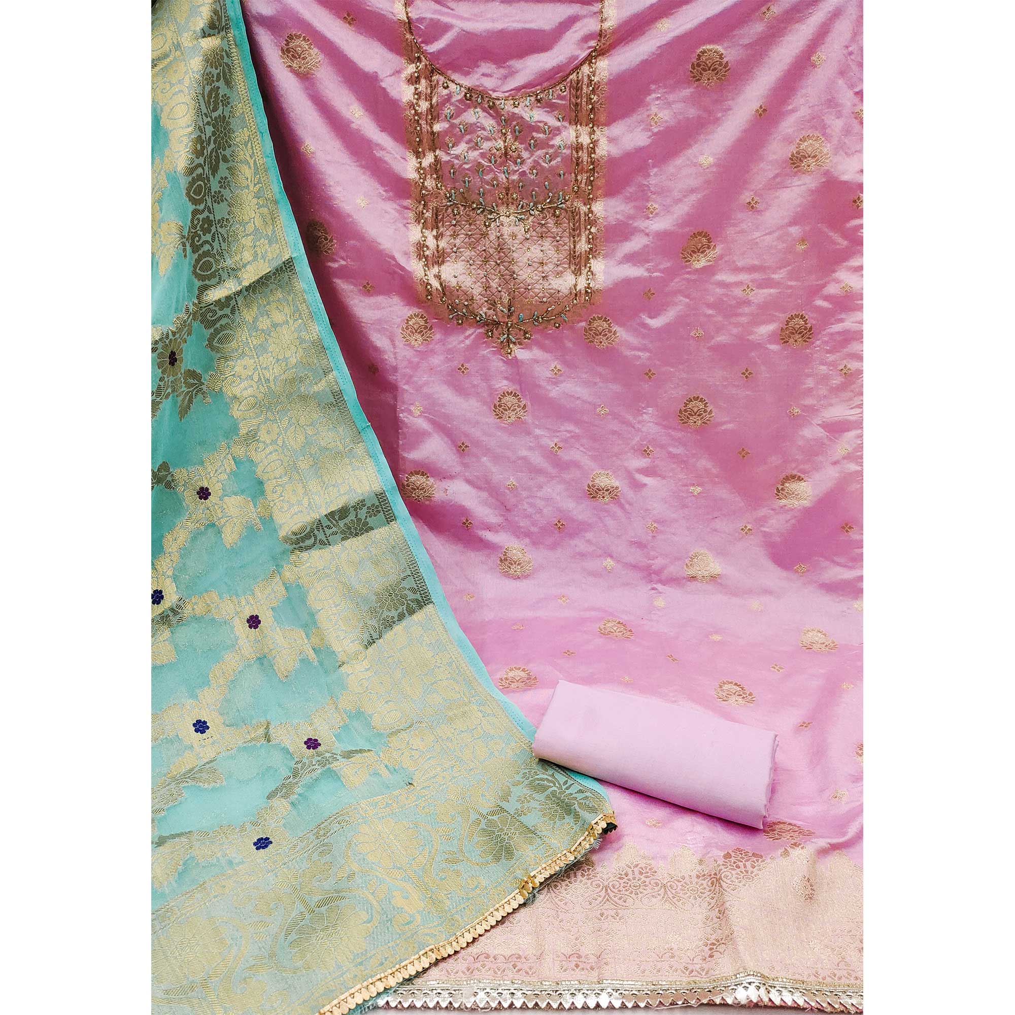 Pink Woven With Hand Embroidered Chanderi Dress Material