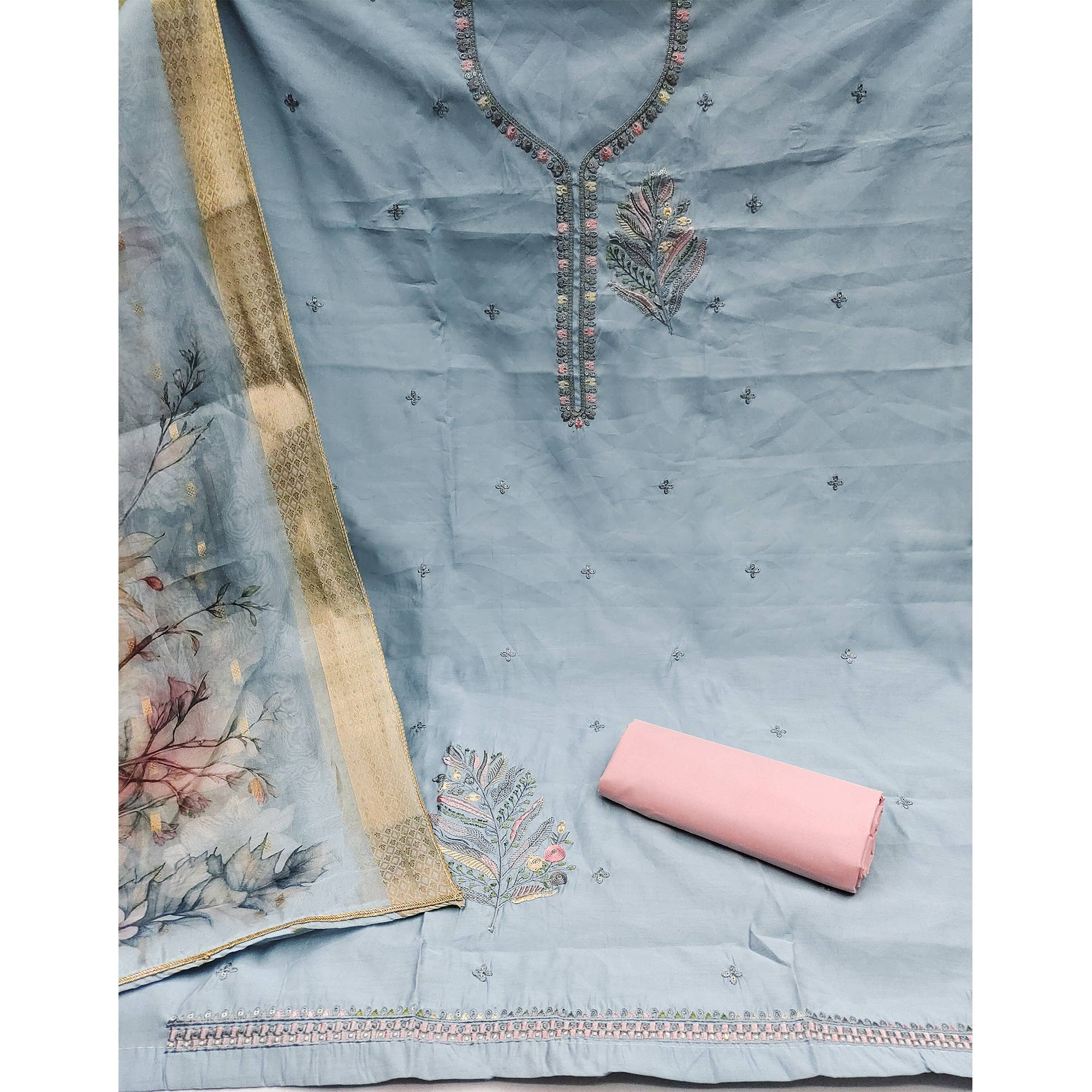Blue Floral Embroidered Cotton Silk Dress Material