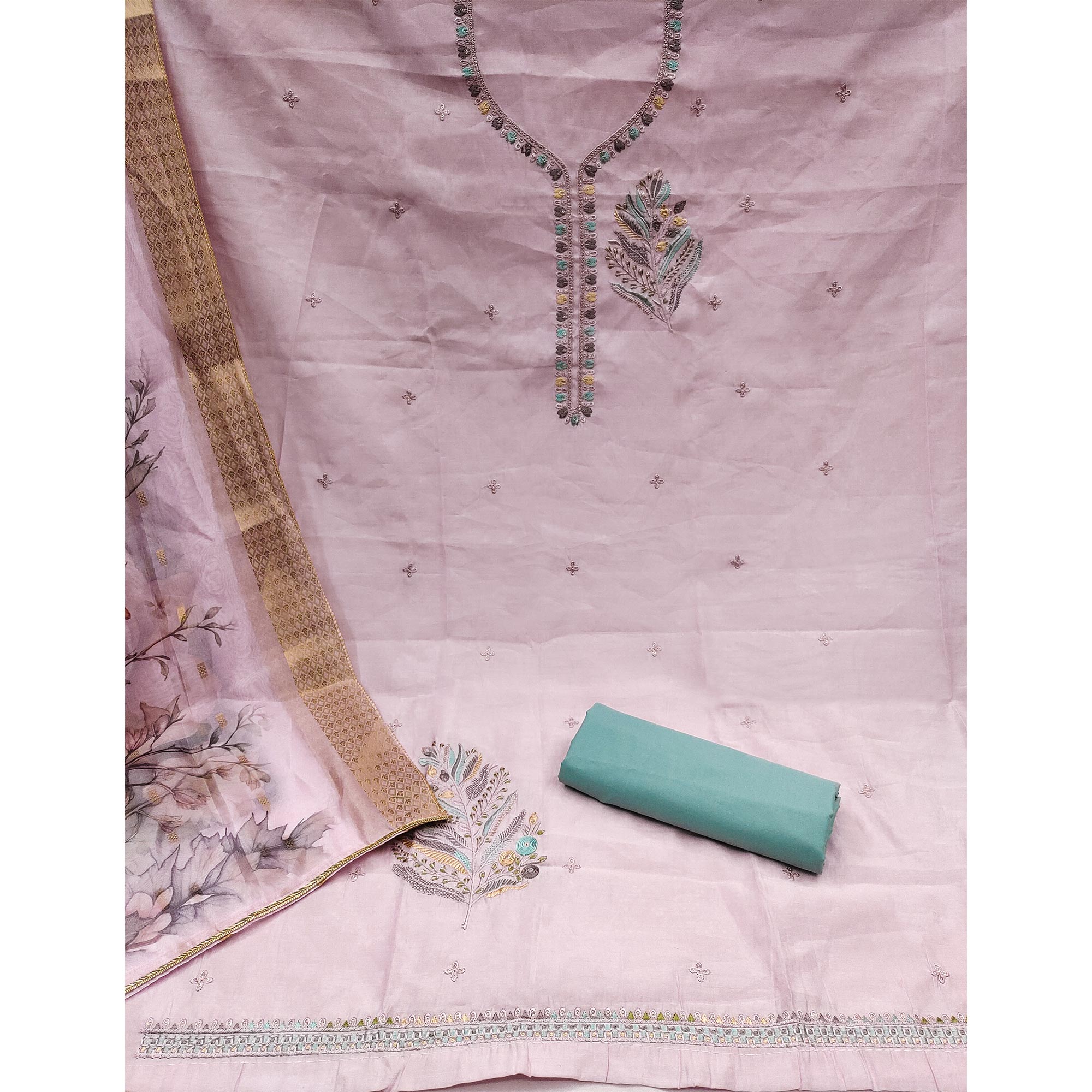 Light Pink Floral Embroidered Cotton Silk Dress Material