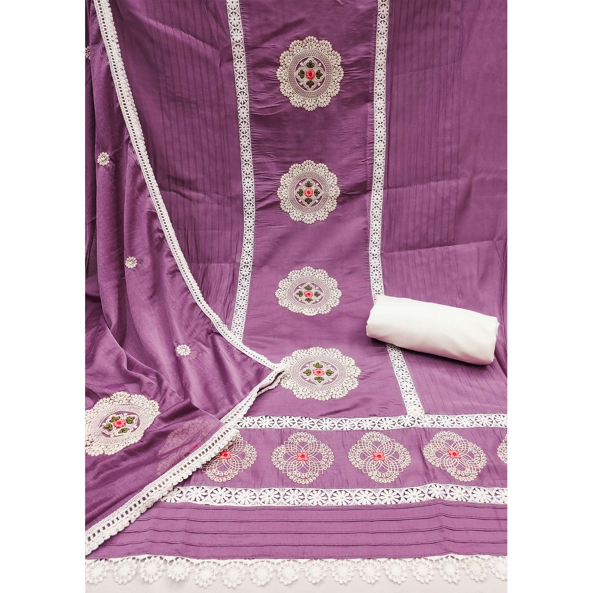 Purple Floral Embroidered Cotton Silk Dress Material