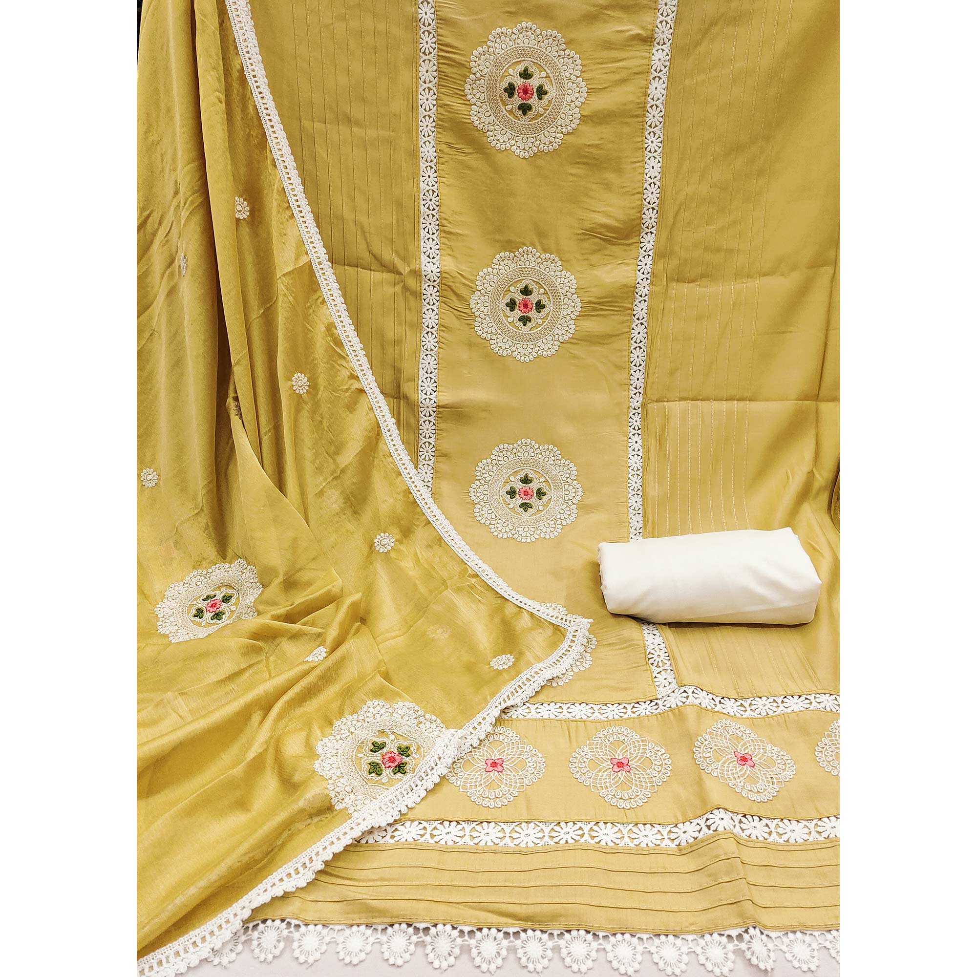 Yellow Floral Embroidered Cotton Silk Dress Material