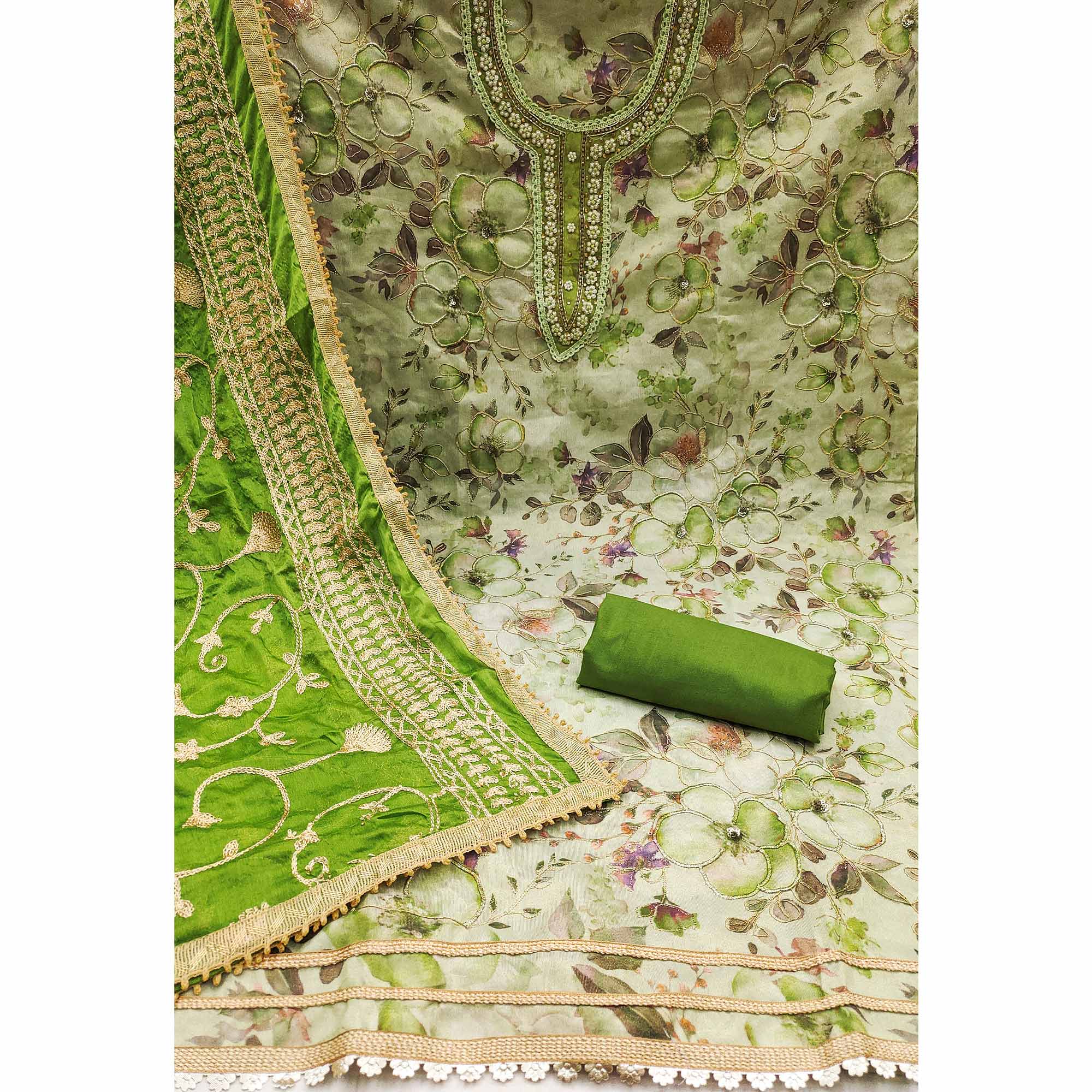 Green Floral Digital Printed With Hand Embroidery Viscose Dress Material