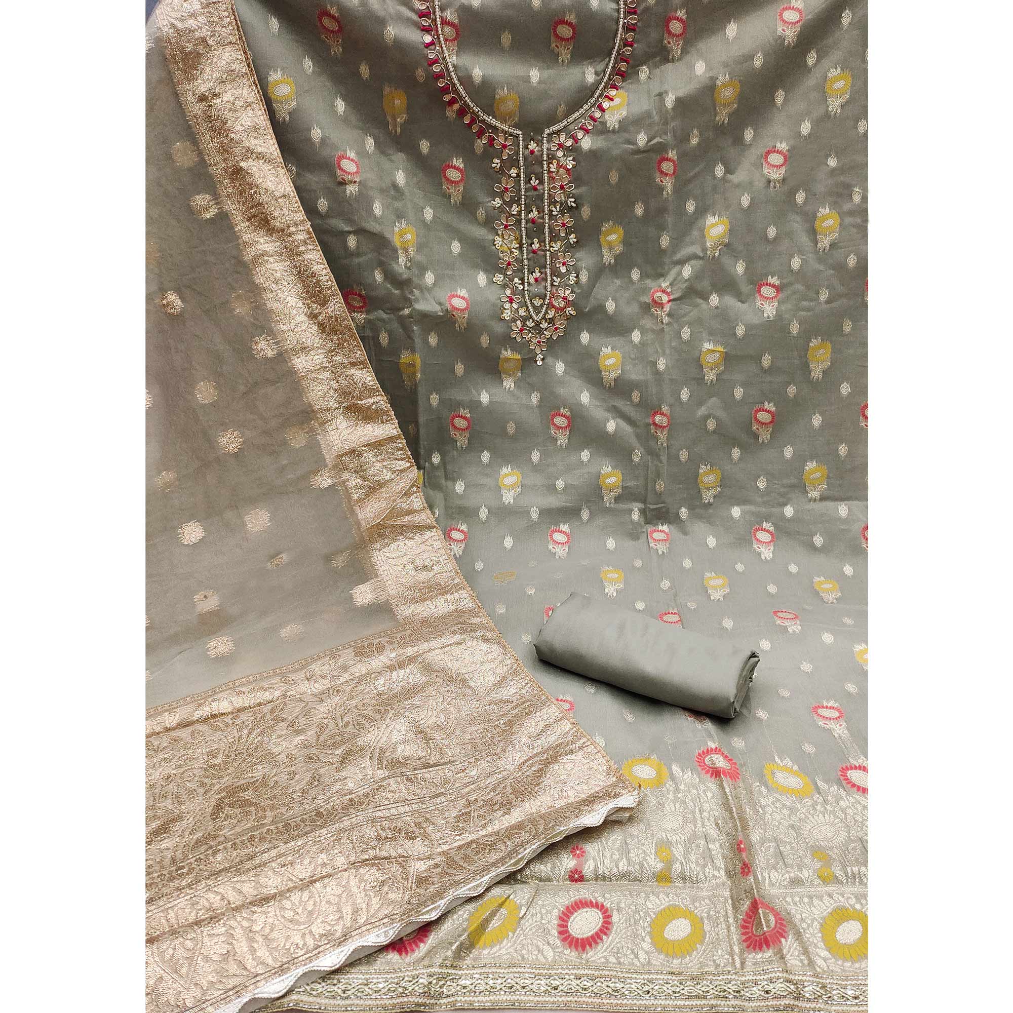 Grey Woven With Handwork Organza Dress Material