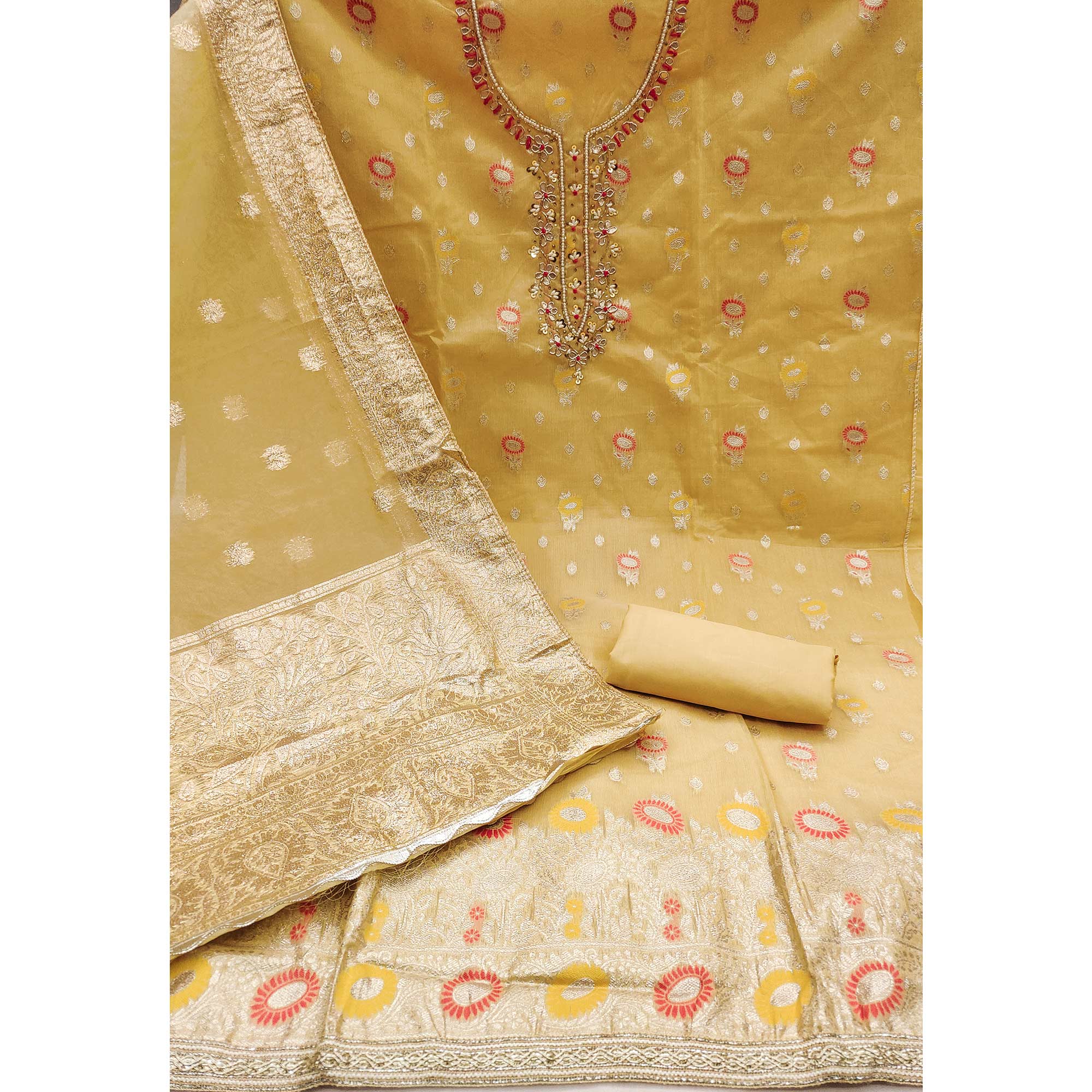 Yellow Woven With Handwork Organza Dress Material