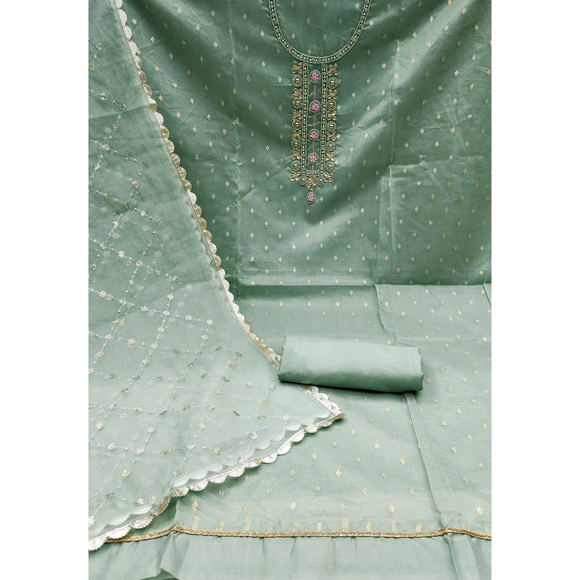 Green Woven With Handwork Organza Dress Material