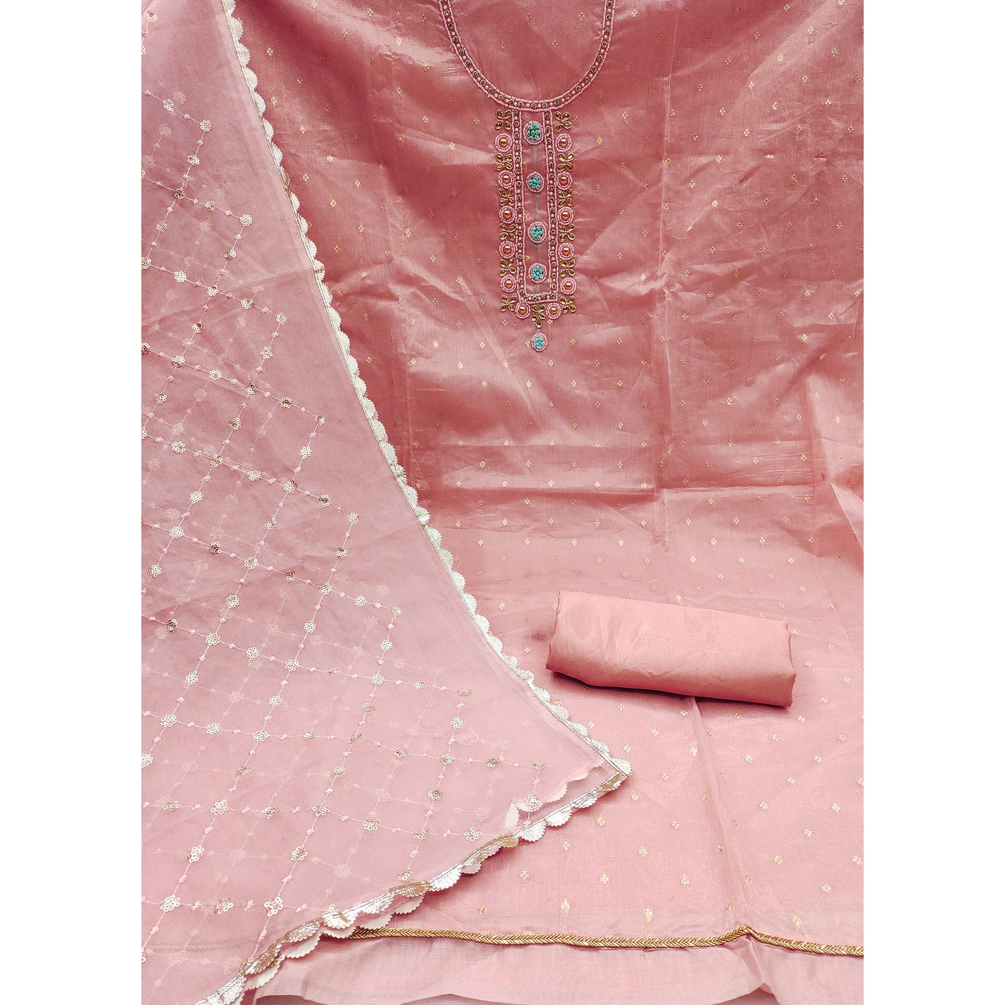 Pink Woven With Handwork Organza Dress Material