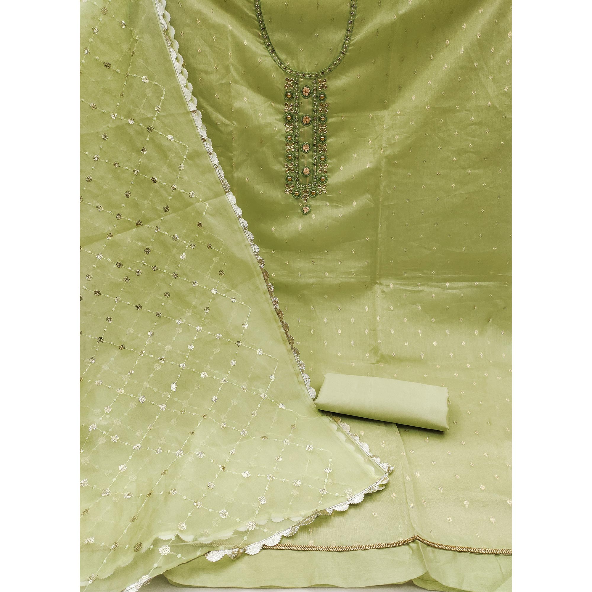 Pista Green Woven With Handwork Organza Dress Material