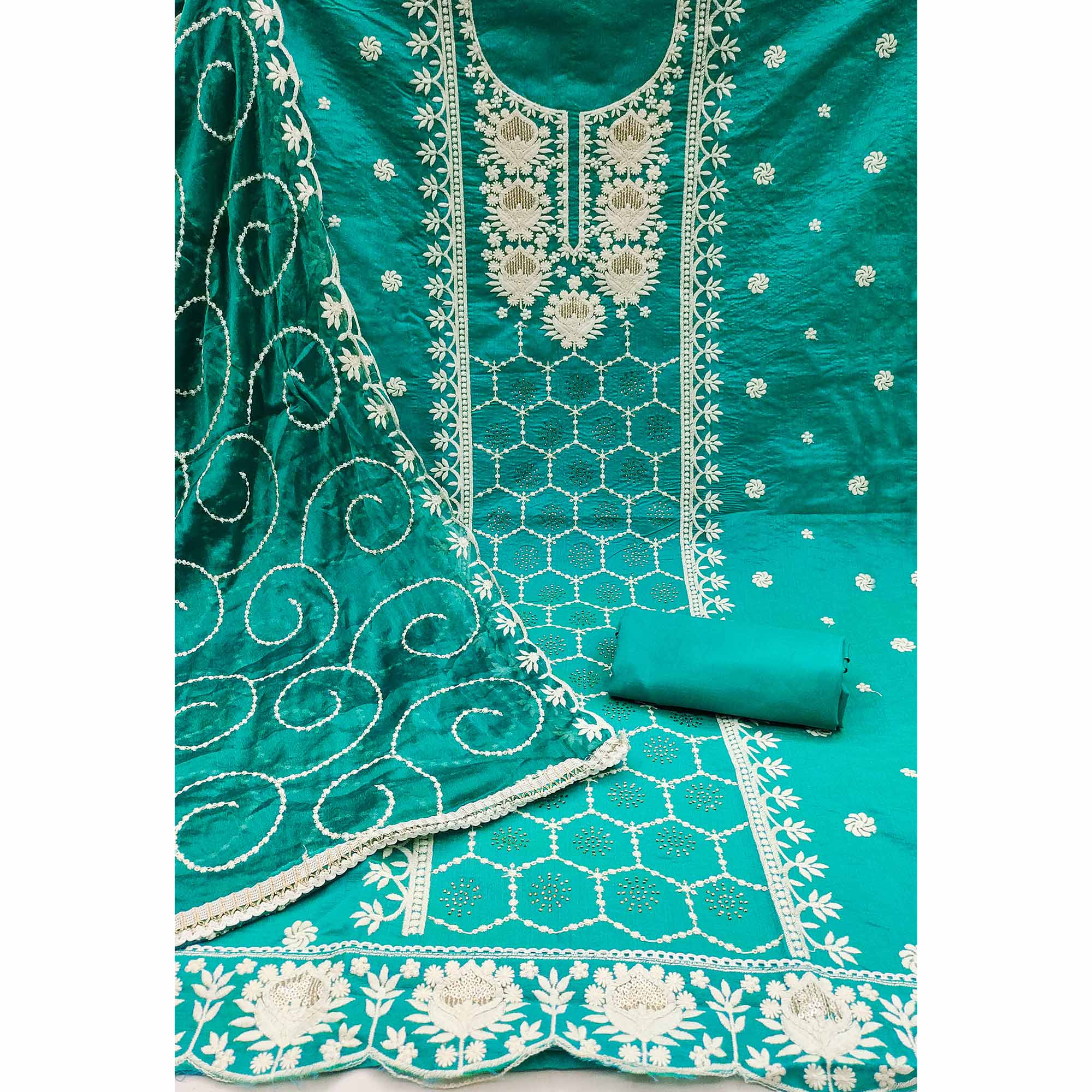 Rama Green Floral Sequins Embroidered Chanderi Silk Dress Material
