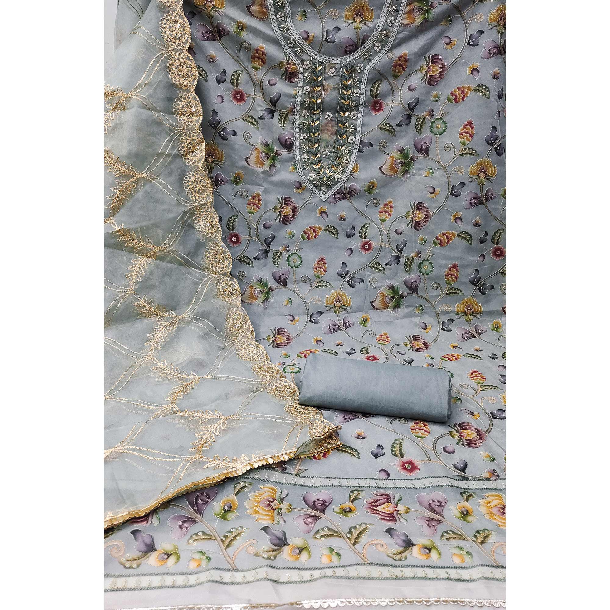 Grey Floral Digital Printed With Hand Embroidery Organza Dress Material
