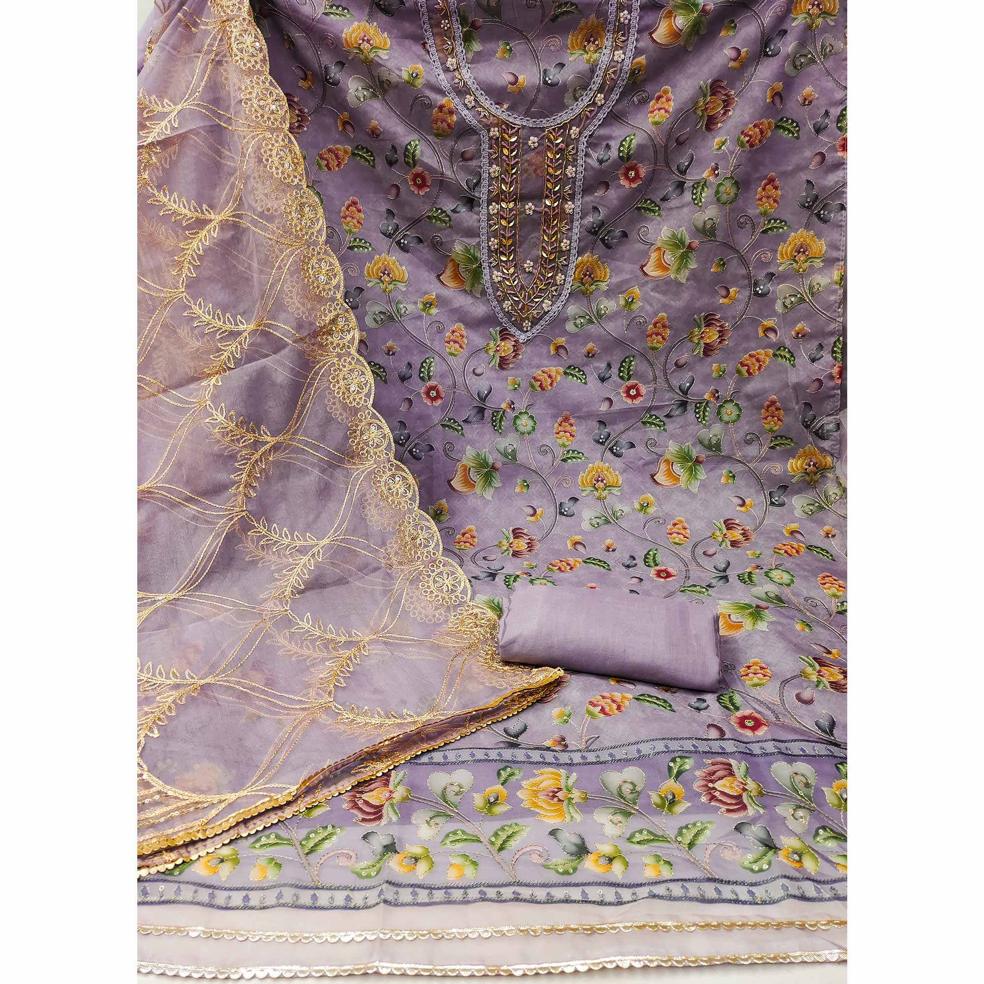 Purple Floral Digital Printed With Hand Embroidery Organza Dress Material