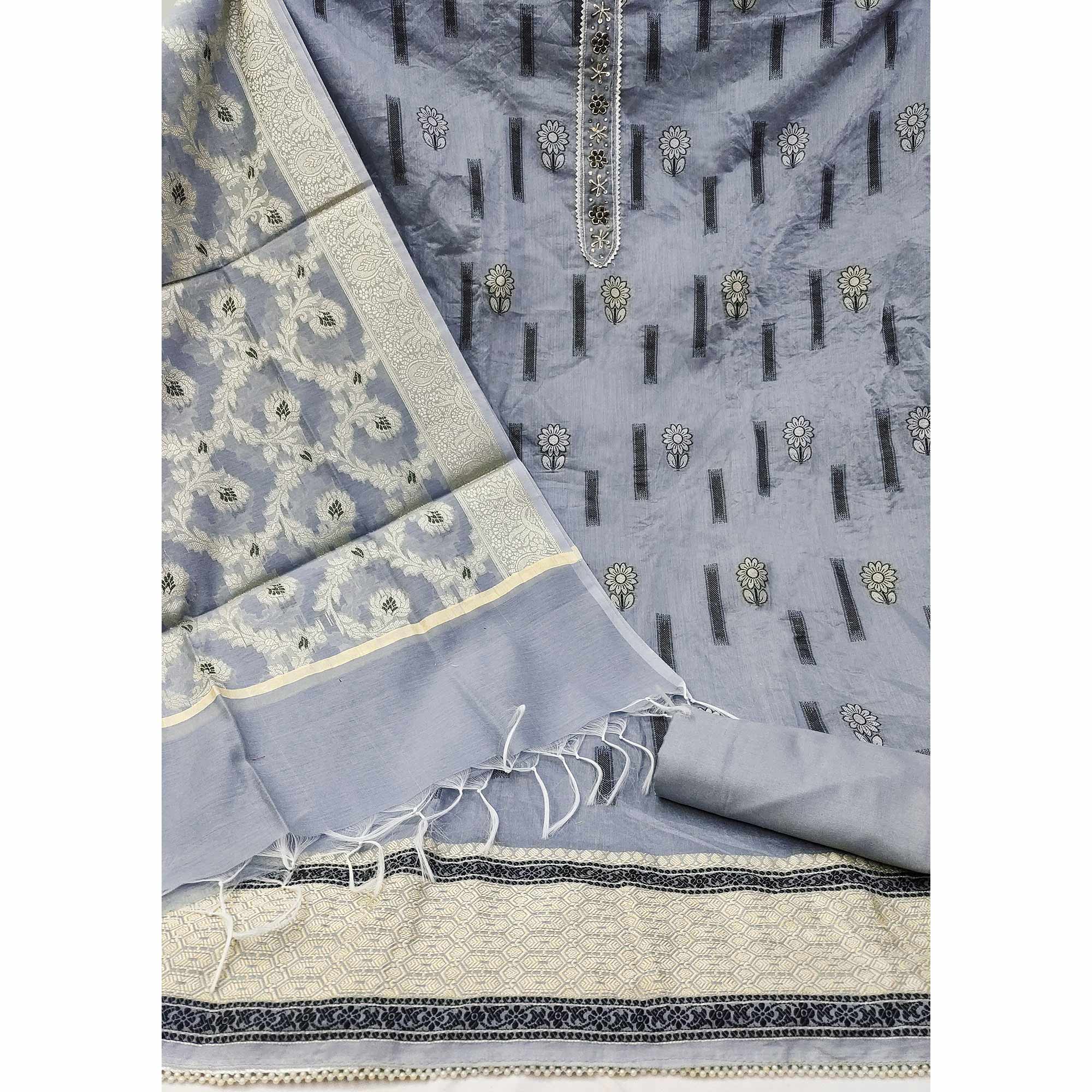 Grey Floral Woven With Handwork Chanderi Silk Dress Material