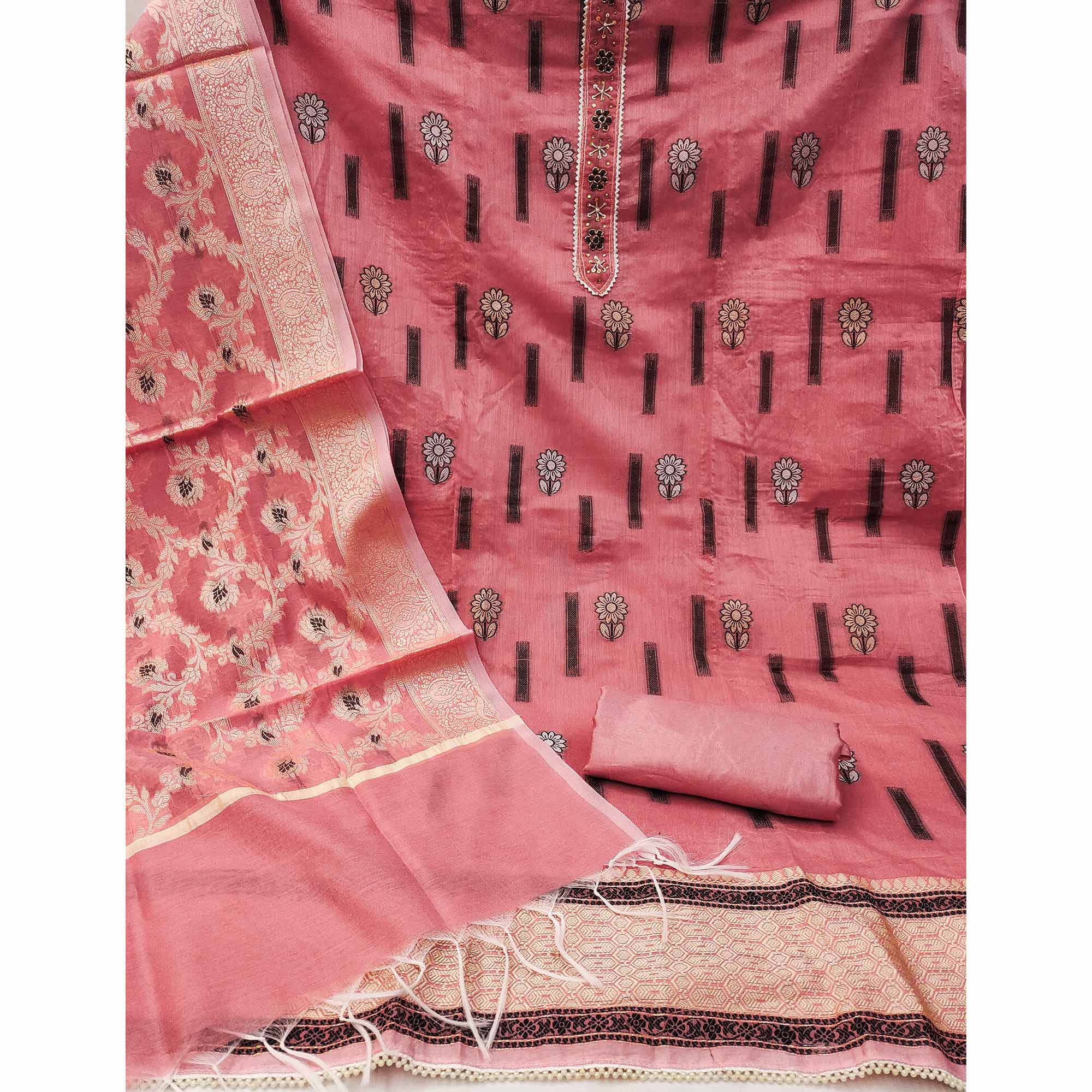 Peach Floral Woven With Handwork Chanderi Silk Dress Material