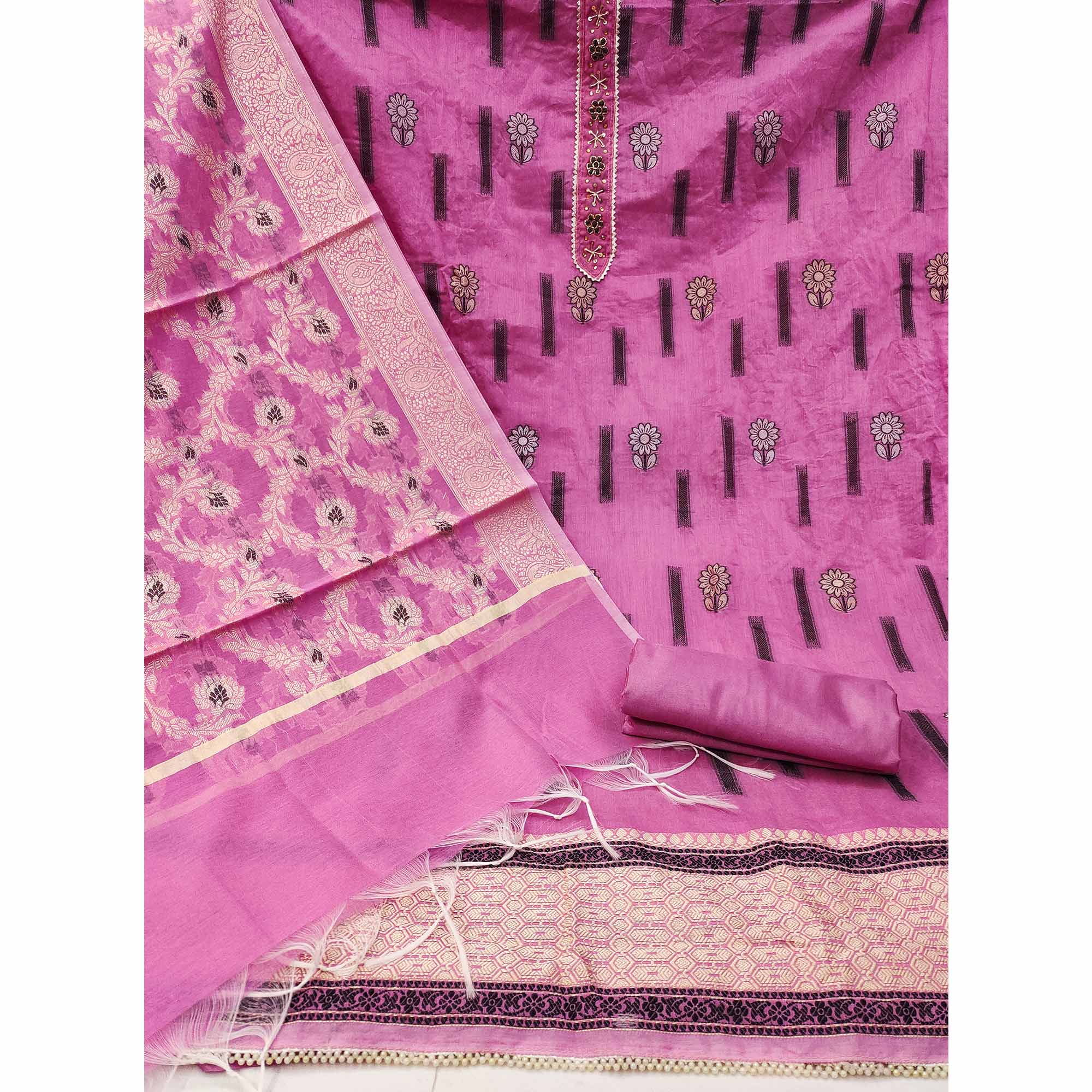 Pink Floral Woven With Handwork Chanderi Silk Dress Material