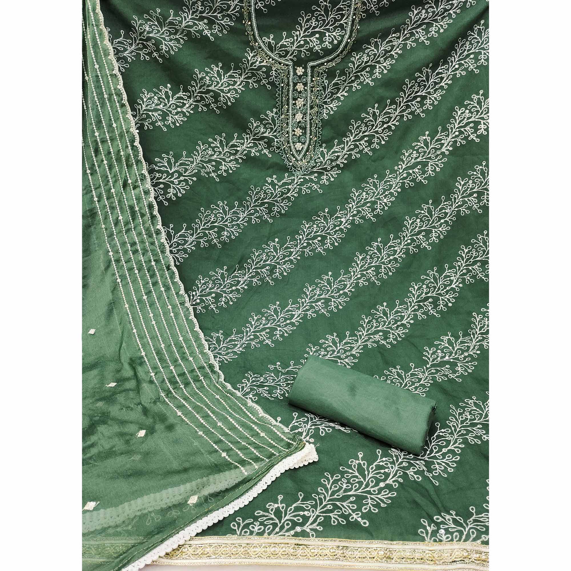 Bottle Green Sequins Embroidery With Handwork Organza Dress Material