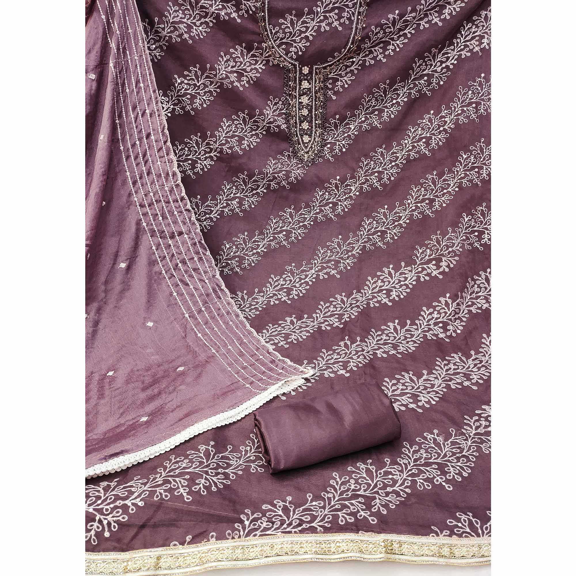 Wine Sequins Embroidery With Handwork Organza Dress Material