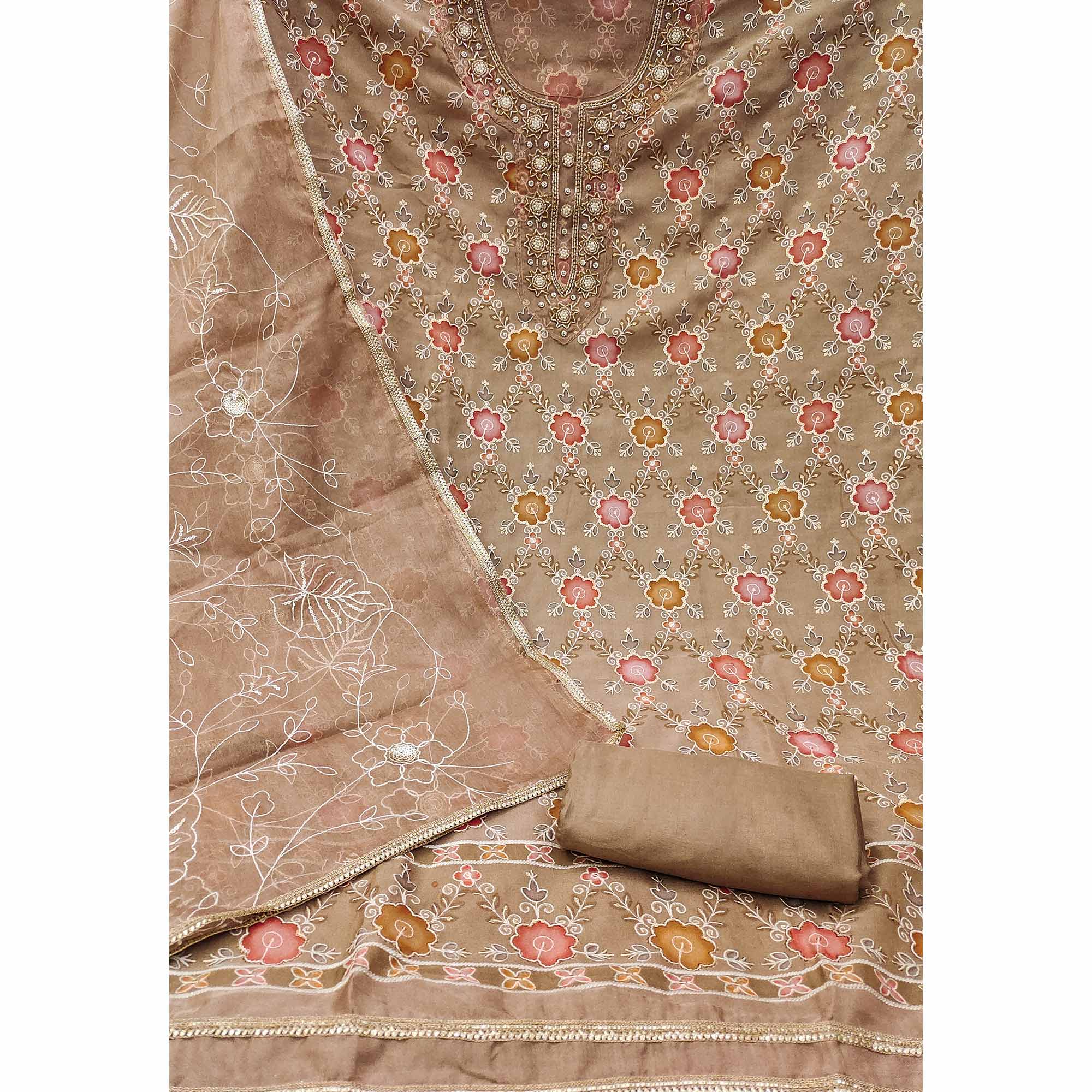 Brown Digital Printed With Hand Embroidered Organza Dress Material
