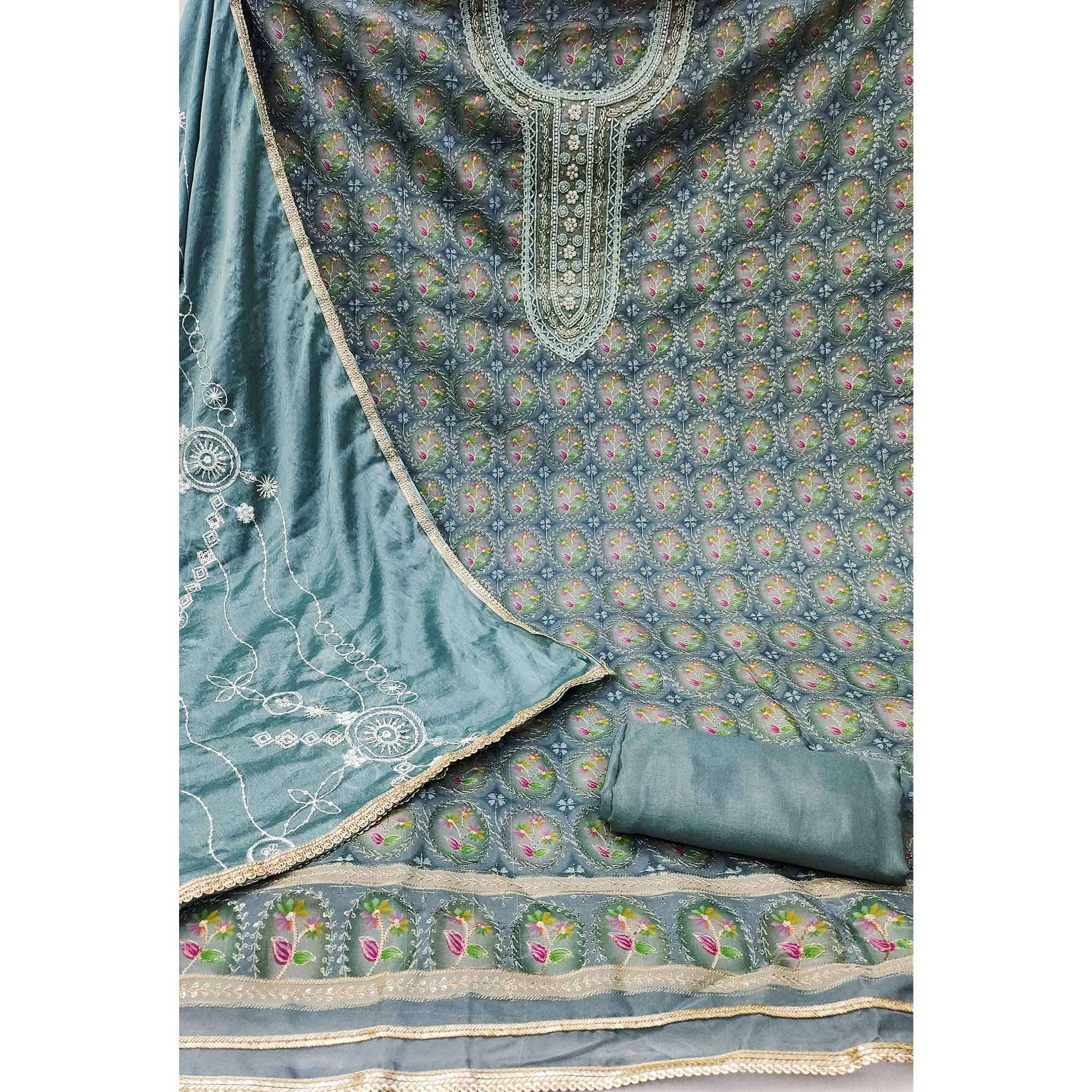 Blue Sequins Embroidery With Handwork Organza Dress Material