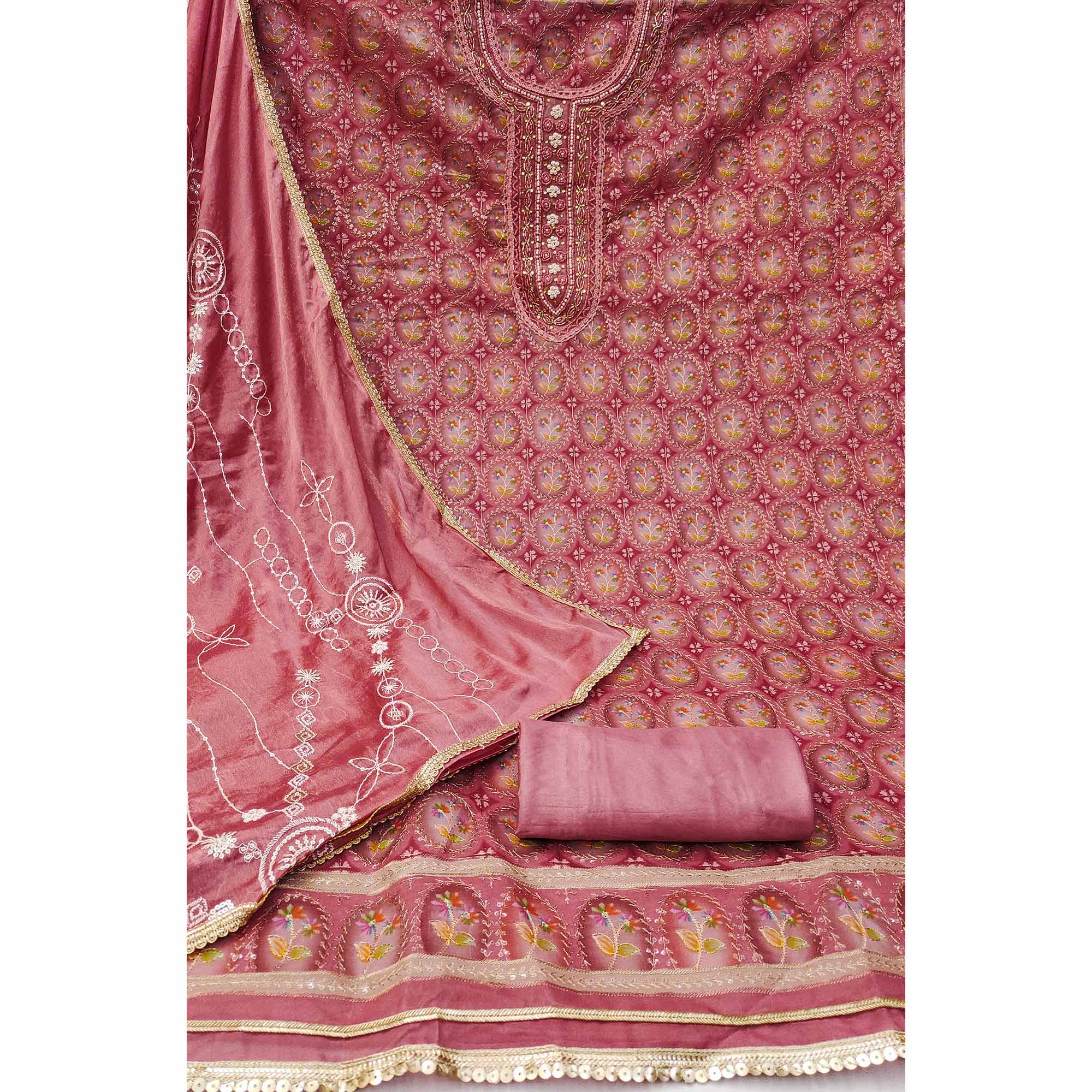 Pink Sequins Embroidery With Handwork Organza Dress Material