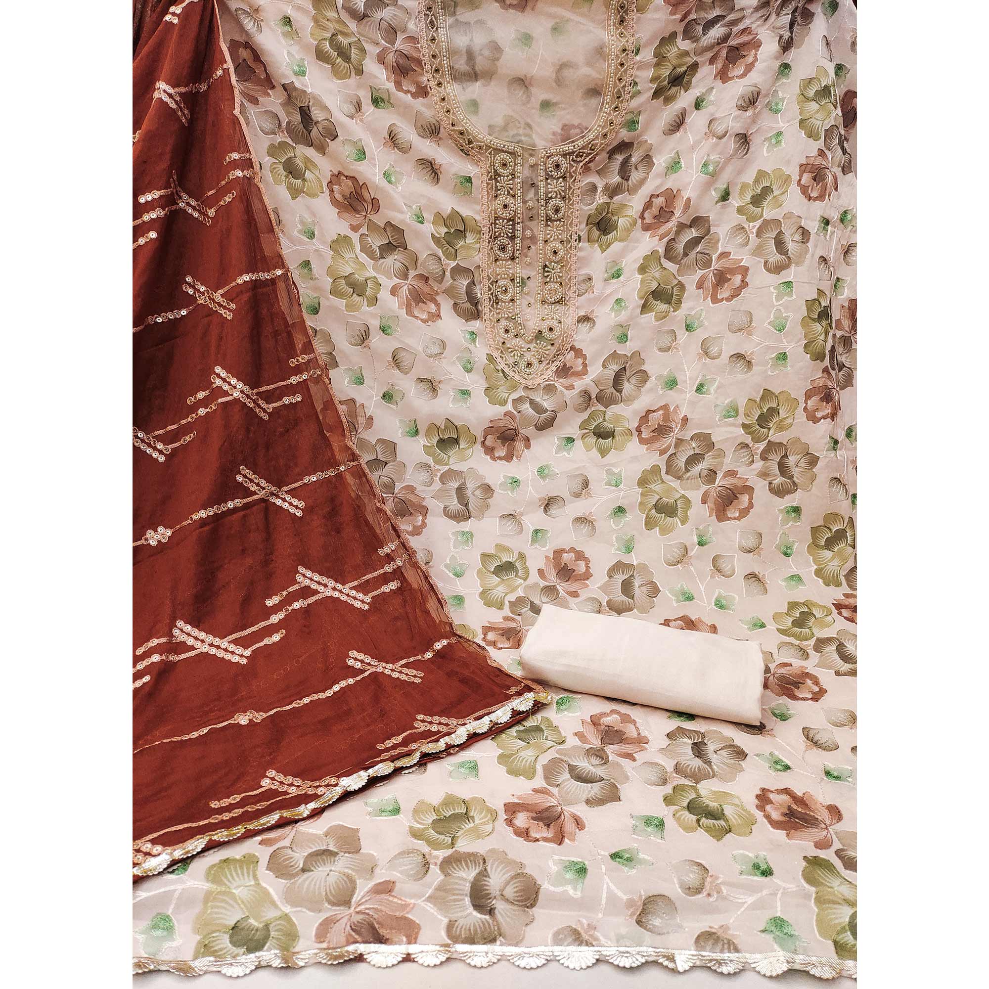 Light Peach Hand Embroidery With Digital Printed Organza Dress Material