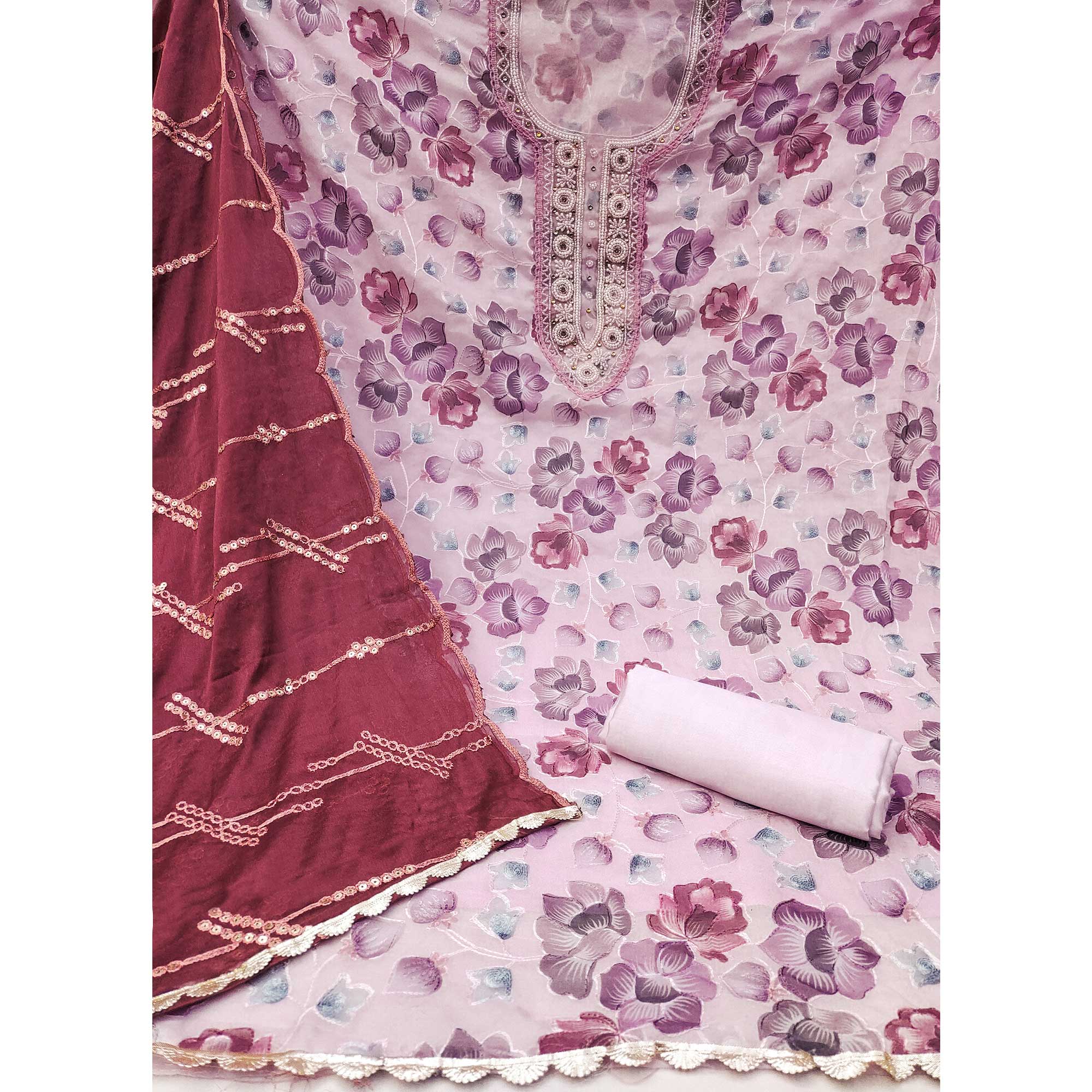 Light Pink Hand Embroidery With Digital Printed Organza Dress Material