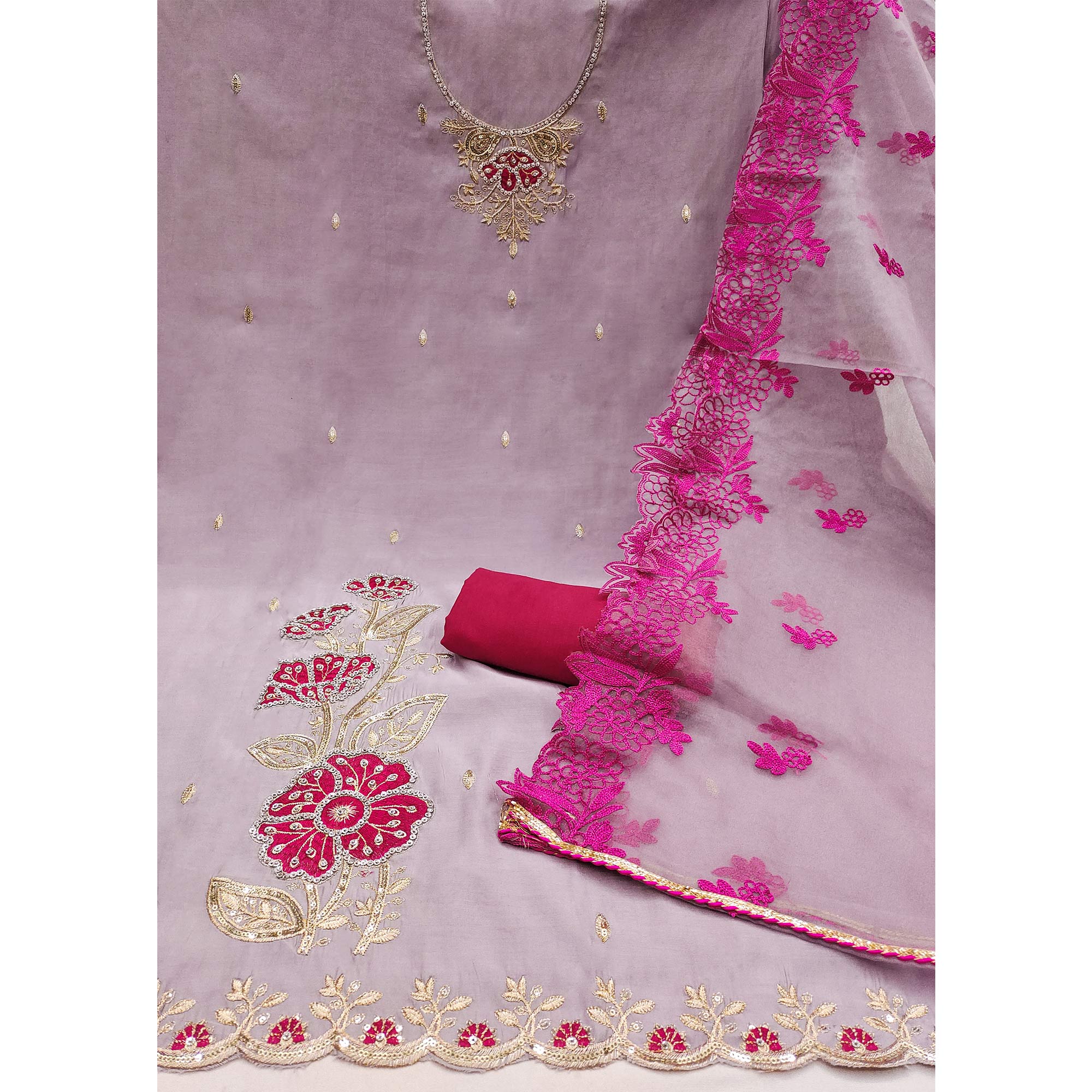 Mauve Floral Hand Embroidered Cotton Silk Dress Material