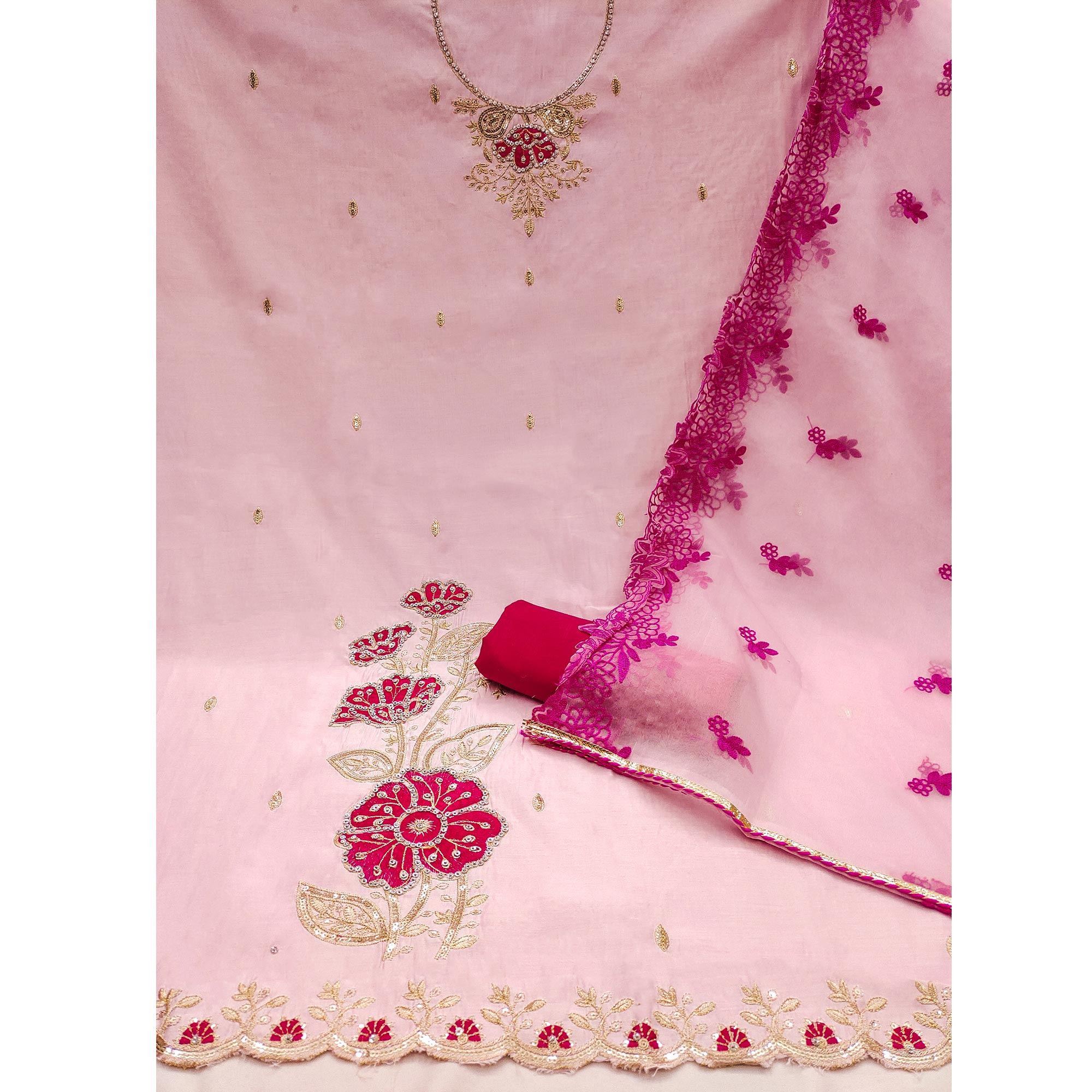 Pink Floral Hand Embroidered Cotton Silk Dress Material