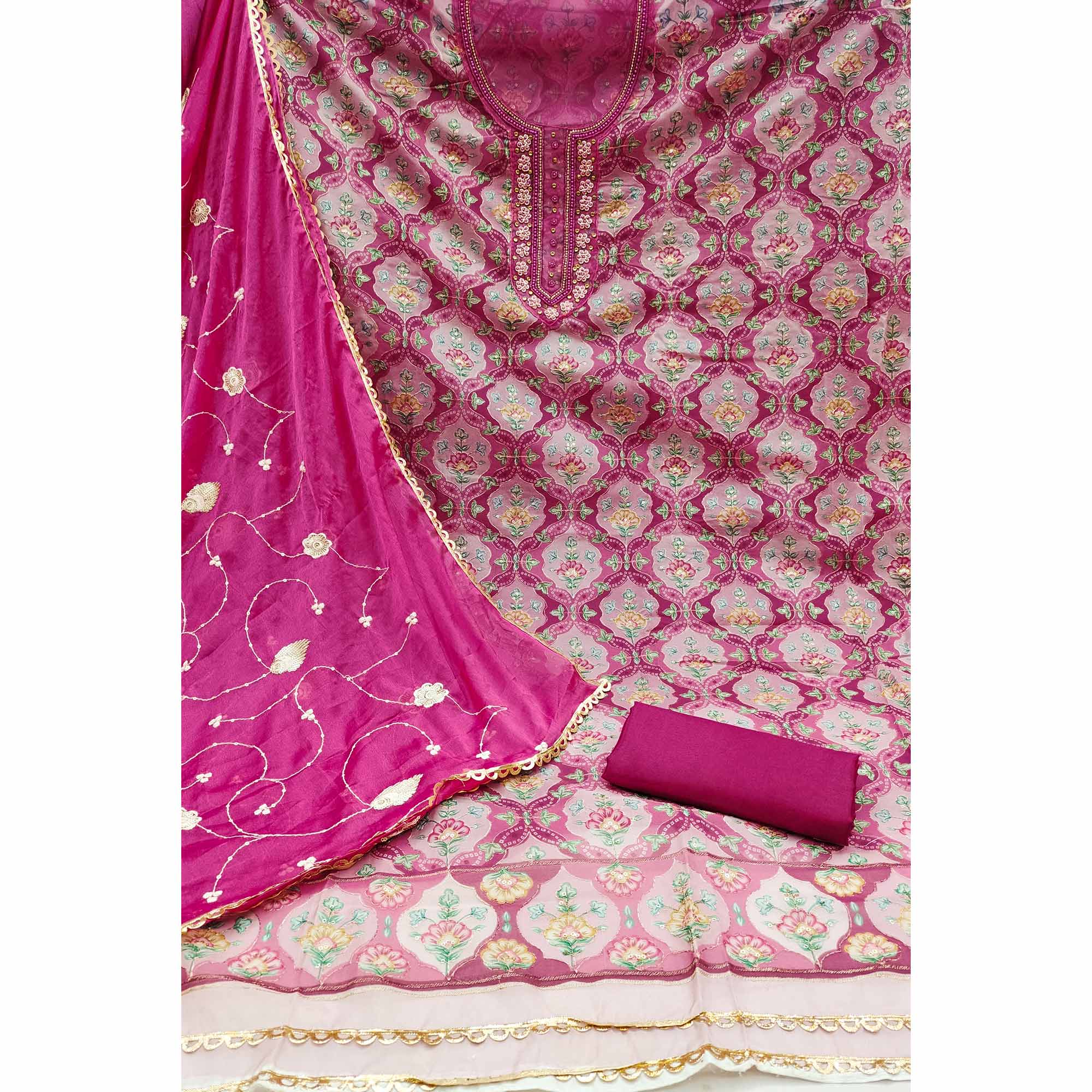 Rani Pink Floral Printed With Hand Embroidery Organza Dress Material