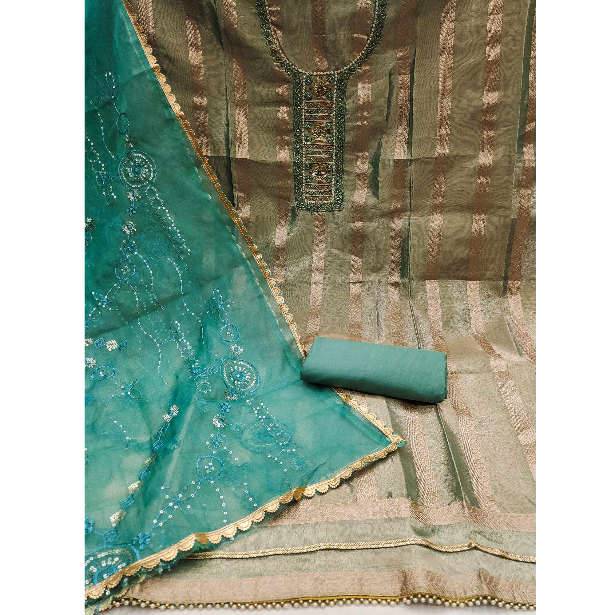 Rama Green Sequins Hand Embroidery Organza Dress Material