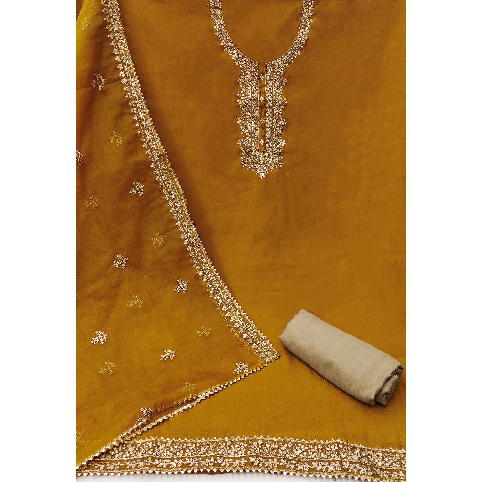 Mustard Sequins Embroidered Cotton Silk Dress Material