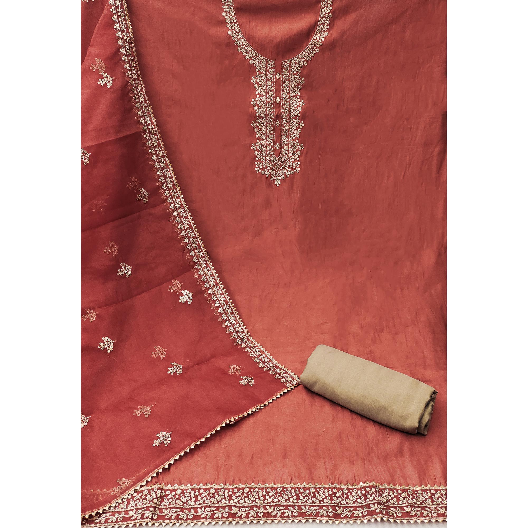 Rust Sequins Embroidered Cotton Silk Dress Material