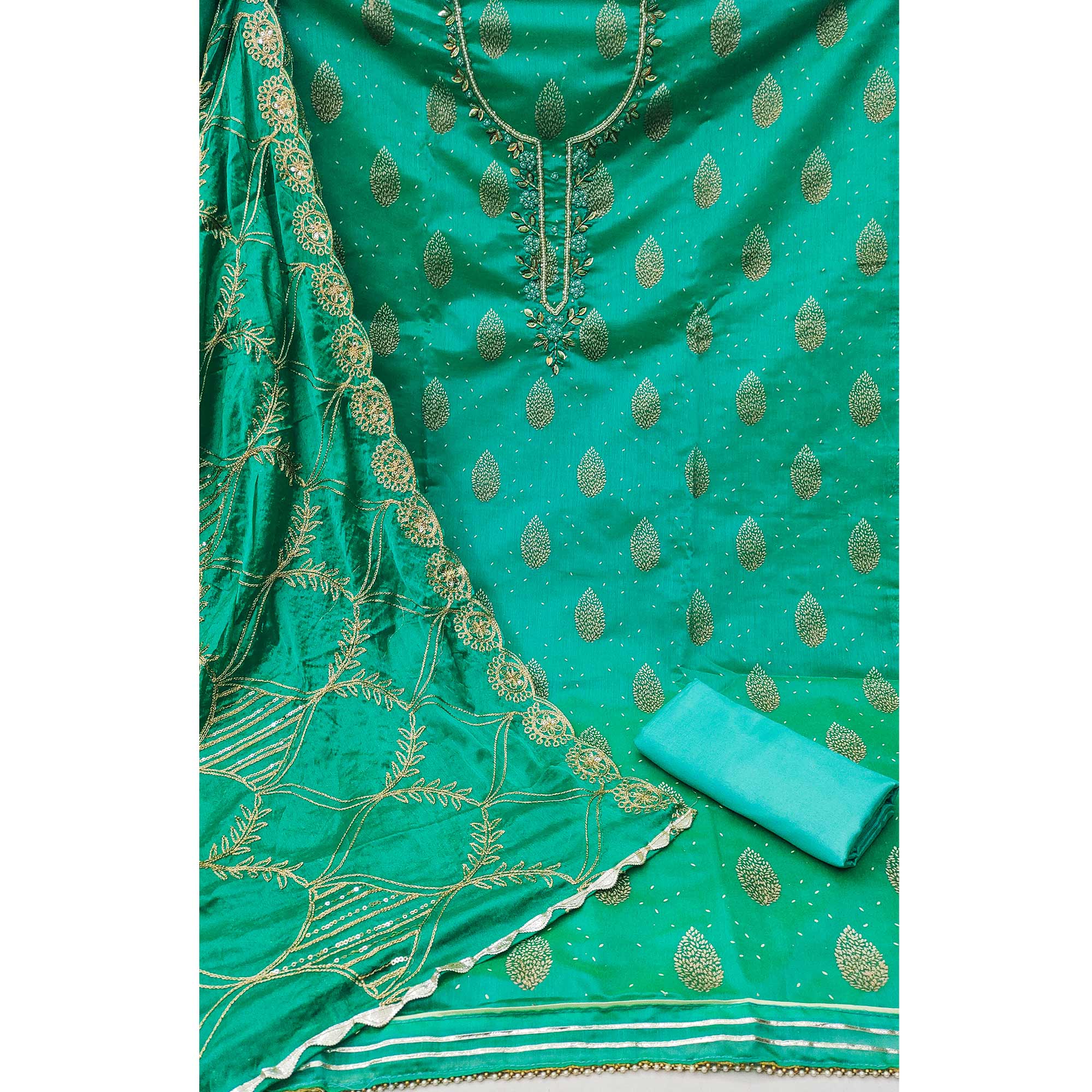 Turquoise Printed With Hand Embroidered Chanderi Silk Dress Material