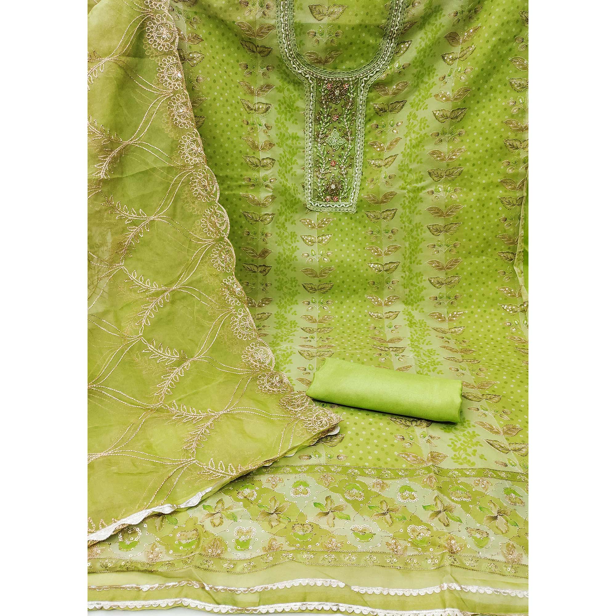 Green Floral Sequins Embroidery With Printed Organza Dress Material