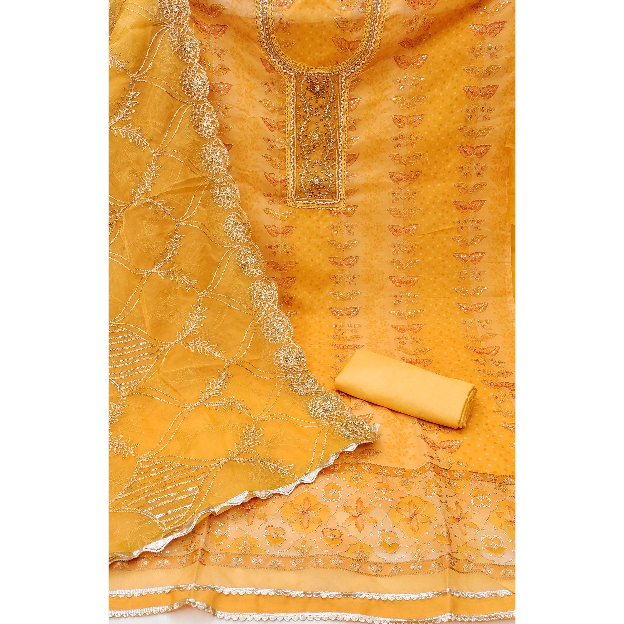 Mustard Floral Sequins Embroidery With Printed Organza Dress Material