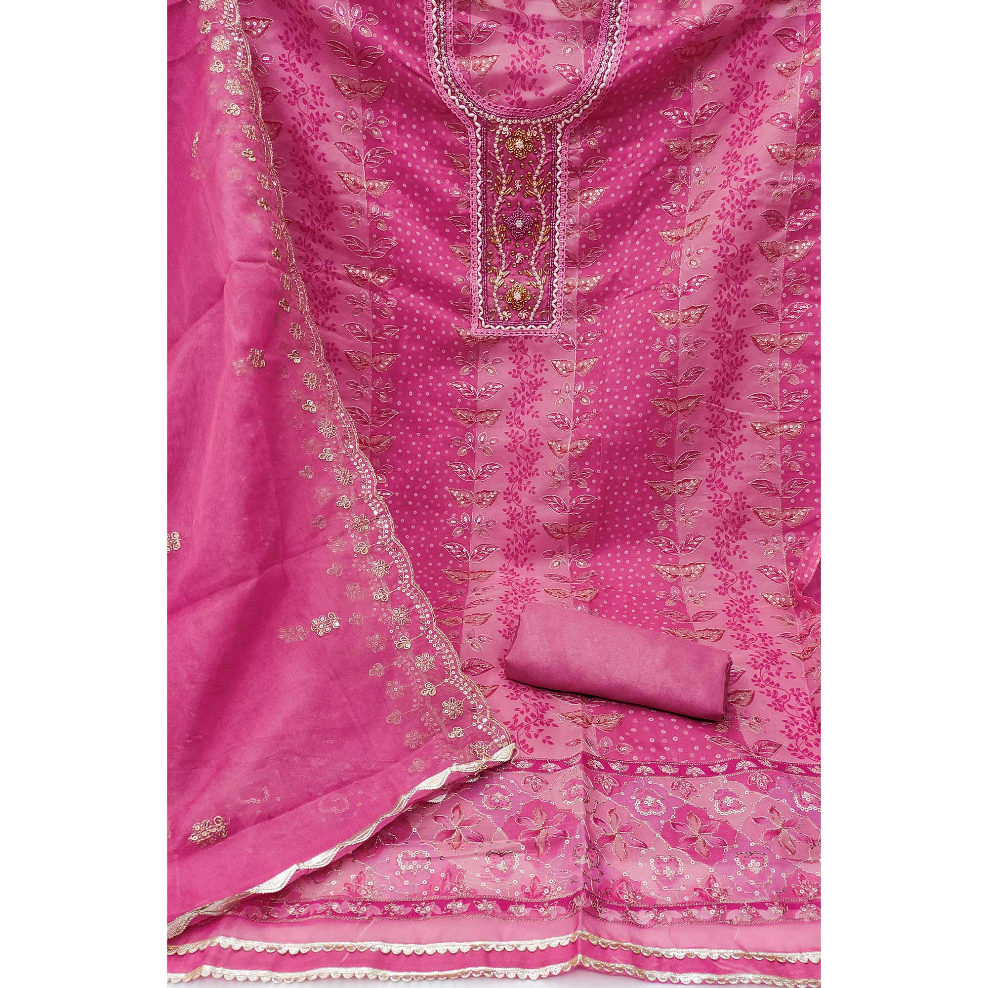 Rani Pink Floral Sequins Embroidery With Printed Organza Dress Material