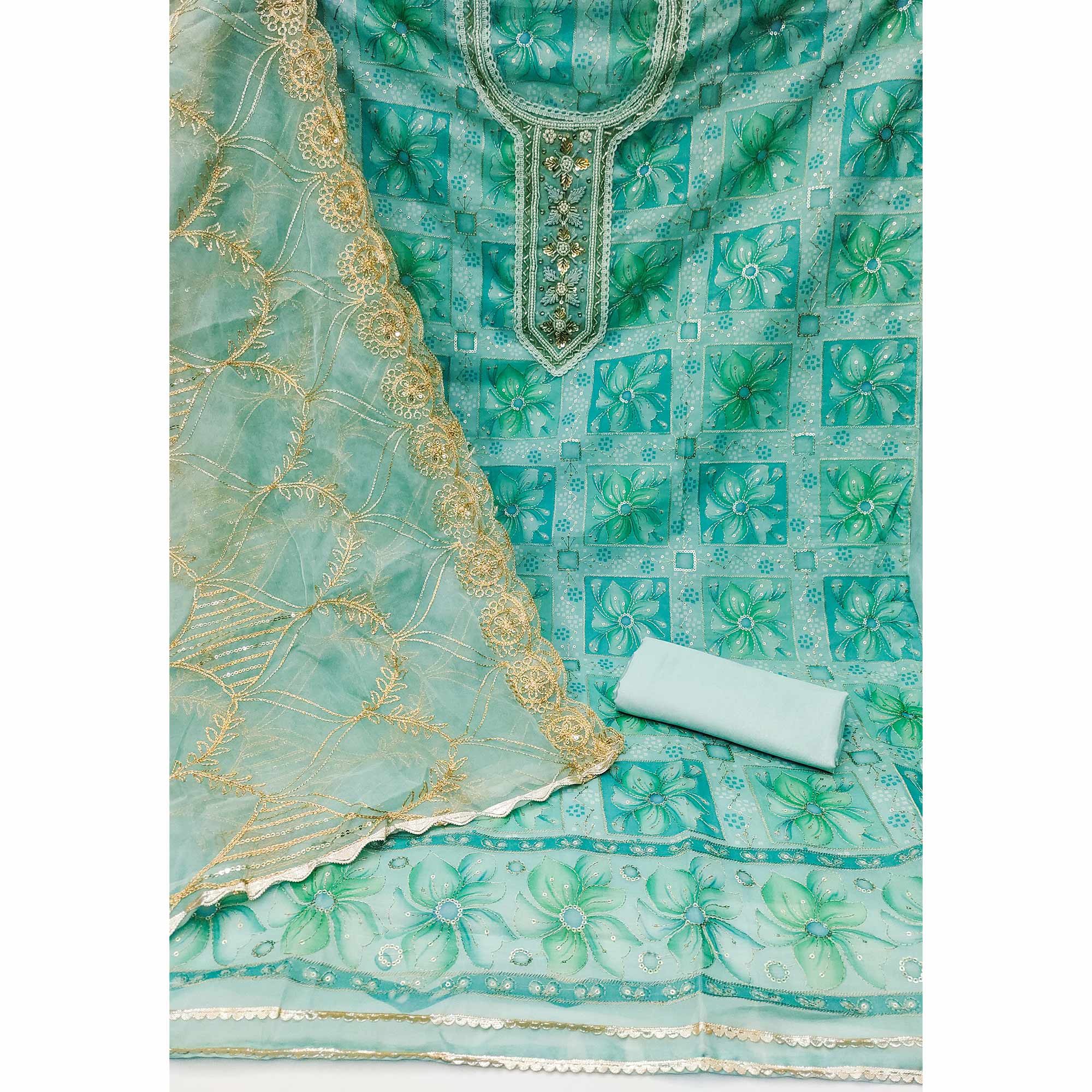 Turquoise Floral Print With Sequins Hand Embroidered Organza Dress Material