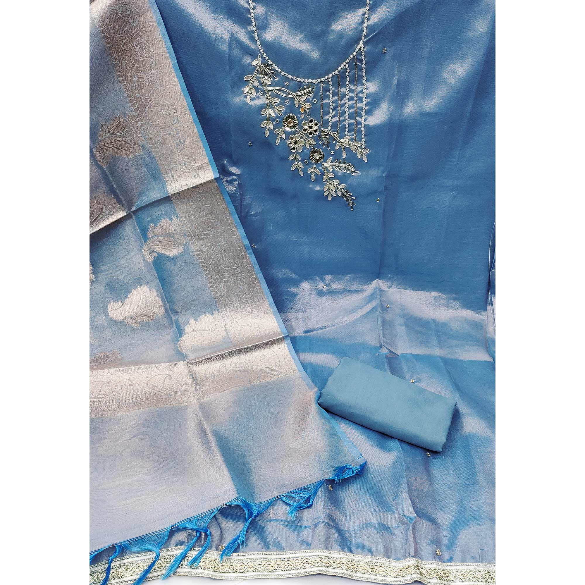 Blue Floral Moti With Gota Patti Handwork Viscose Dress Material