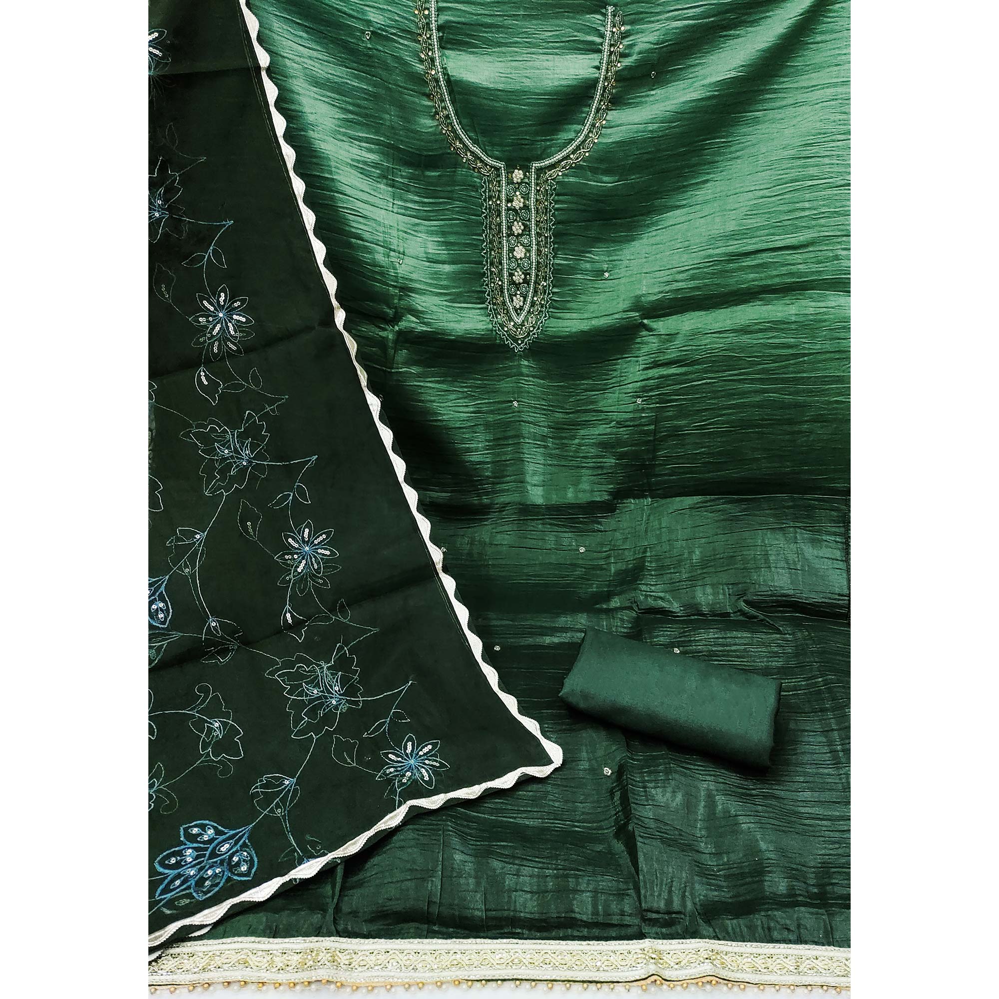 Green Floral Handwork Viscose Dress Material