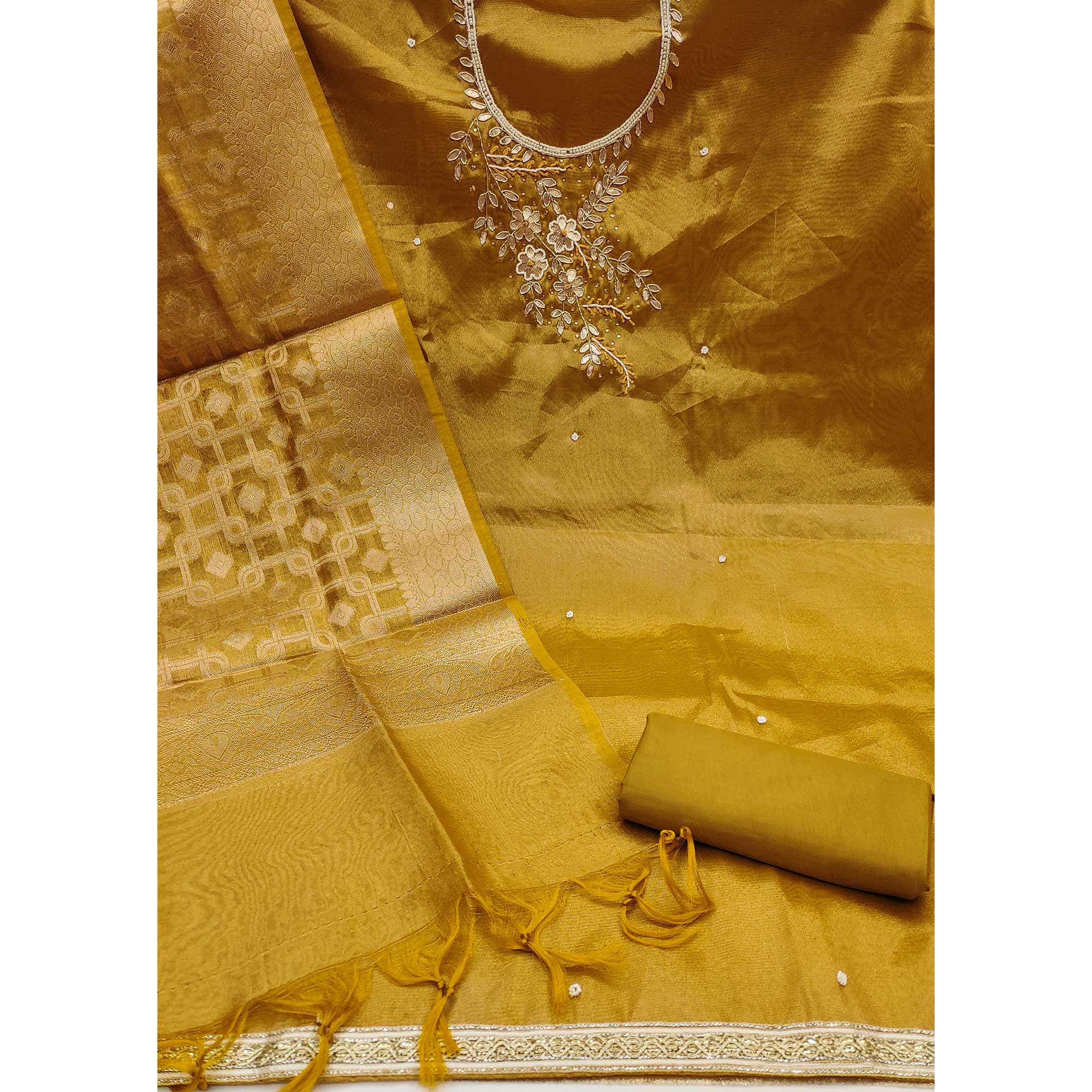 Mustard Floral Moti With Gota Patti Handwork Viscose Dress Material