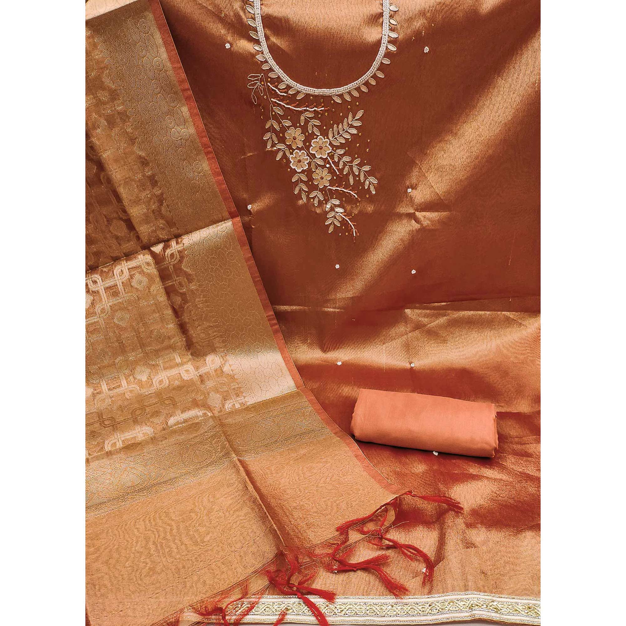 Rust Orange Floral Moti With Gota Patti Handwork Viscose Dress Material