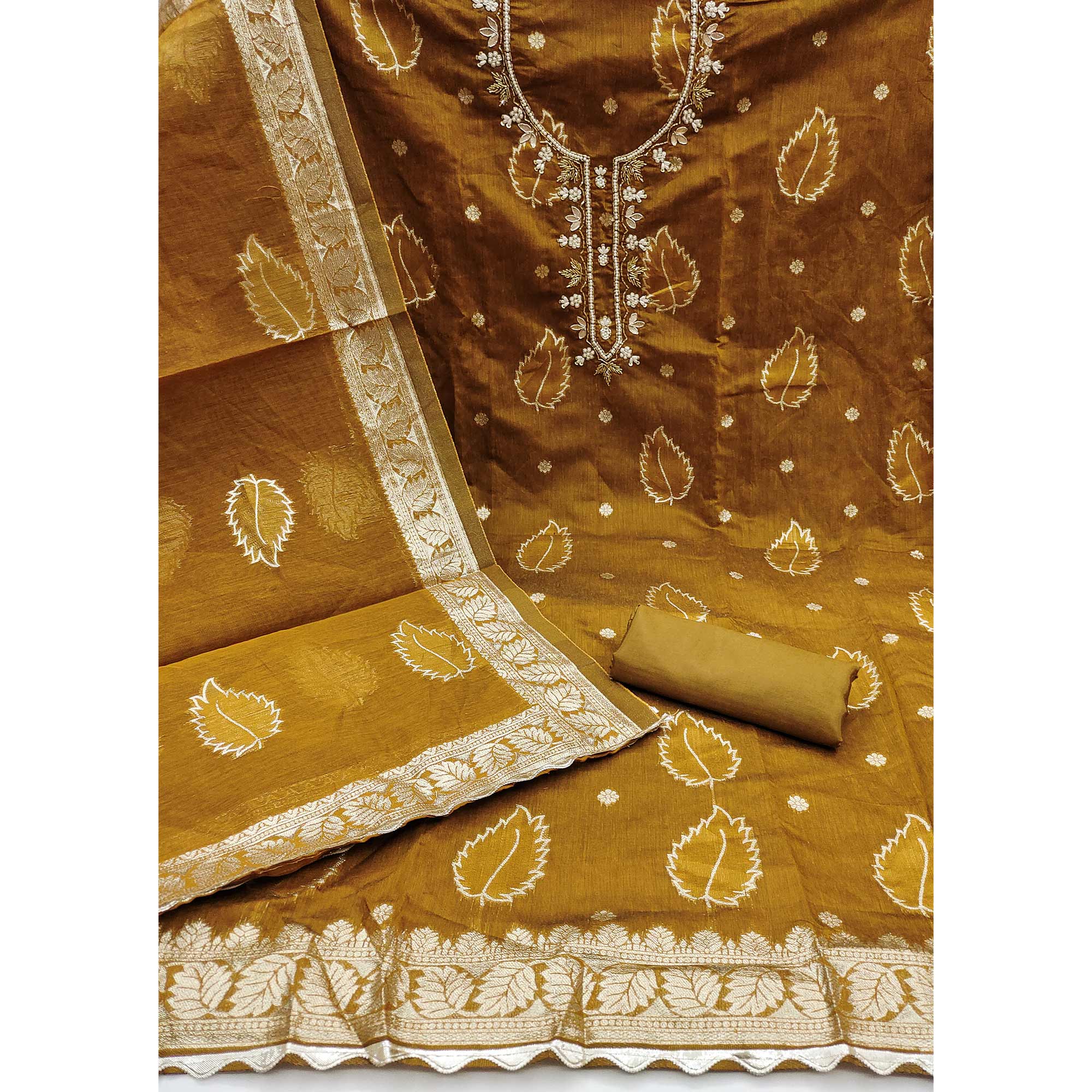 Dark Mustard Floral Woven With Handwork Chanderi Banarasi Dress Material