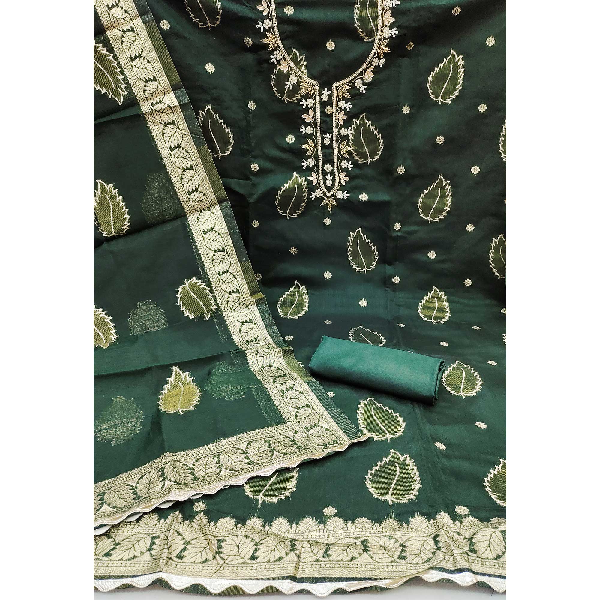 Green Floral Woven With Handwork Chanderi Banarasi Dress Material