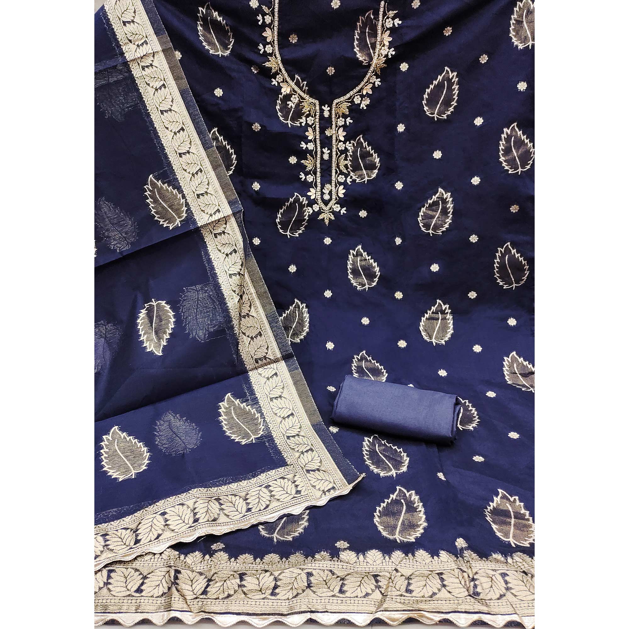 Navy Blue Floral Woven With Handwork Chanderi Banarasi Dress Material