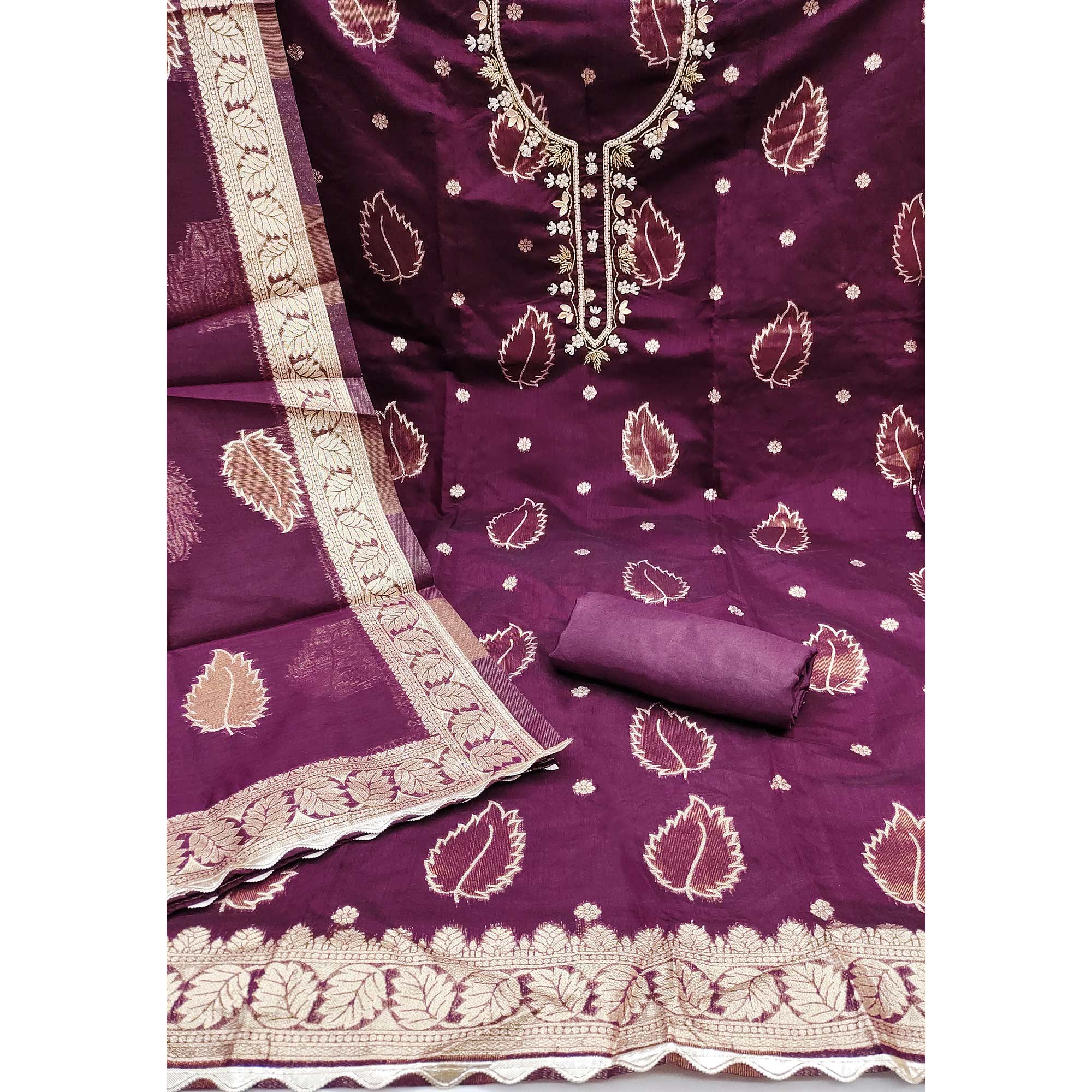 Purple Floral Woven With Handwork Chanderi Banarasi Dress Material