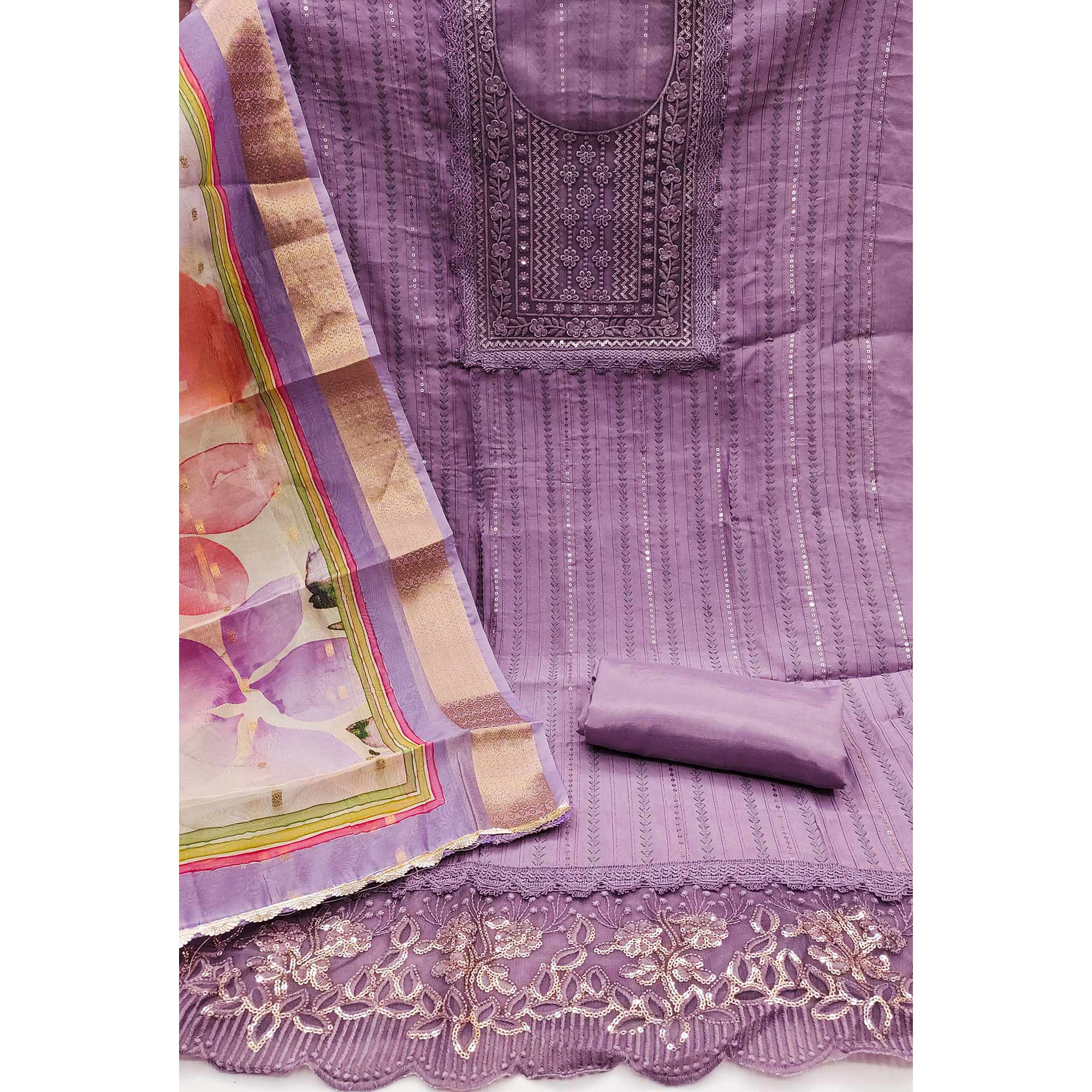 Purple Floral Sequins Embroidered Cotton Silk Dress Material