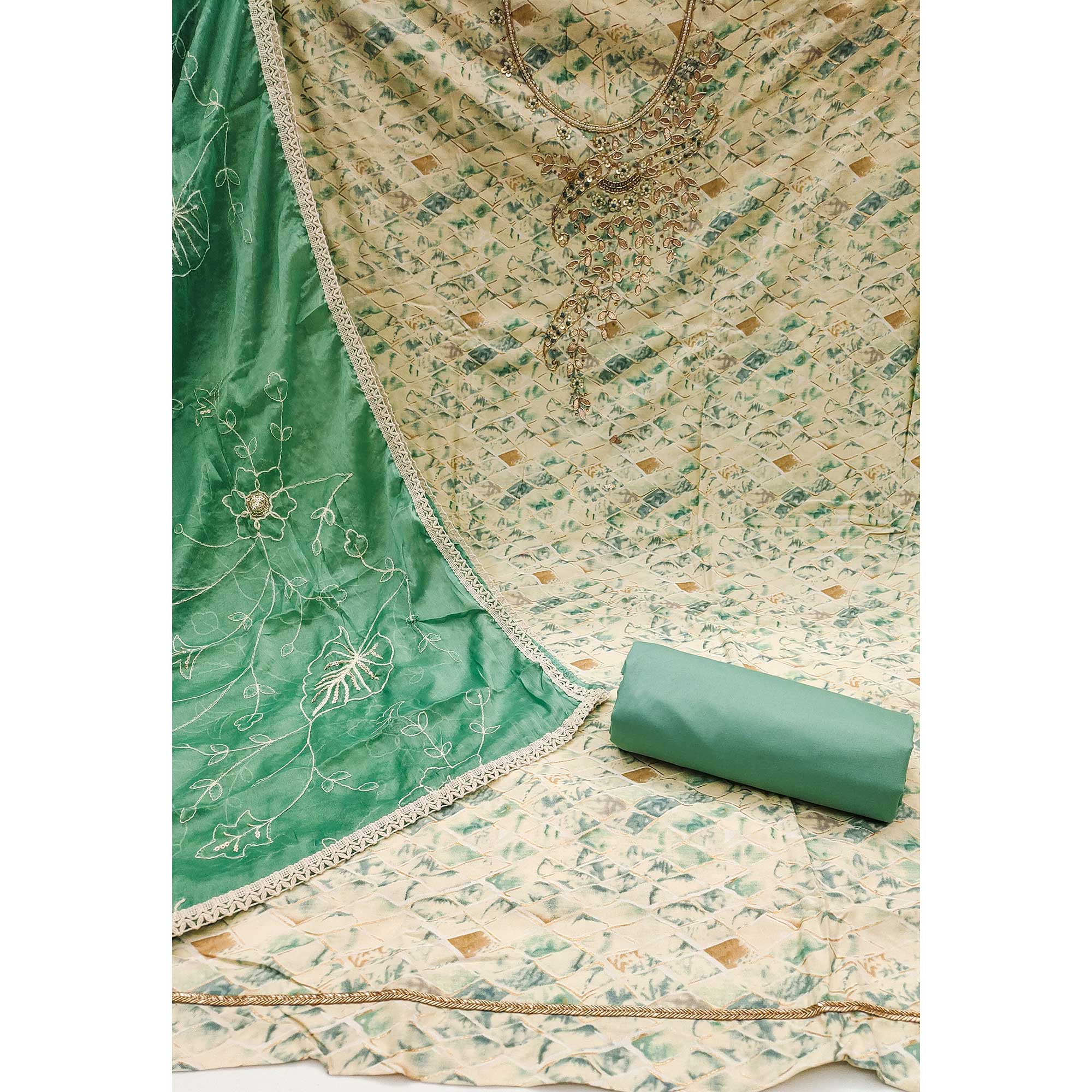 Cream & Green Printed With Handwork Pure Cotton Dress Material