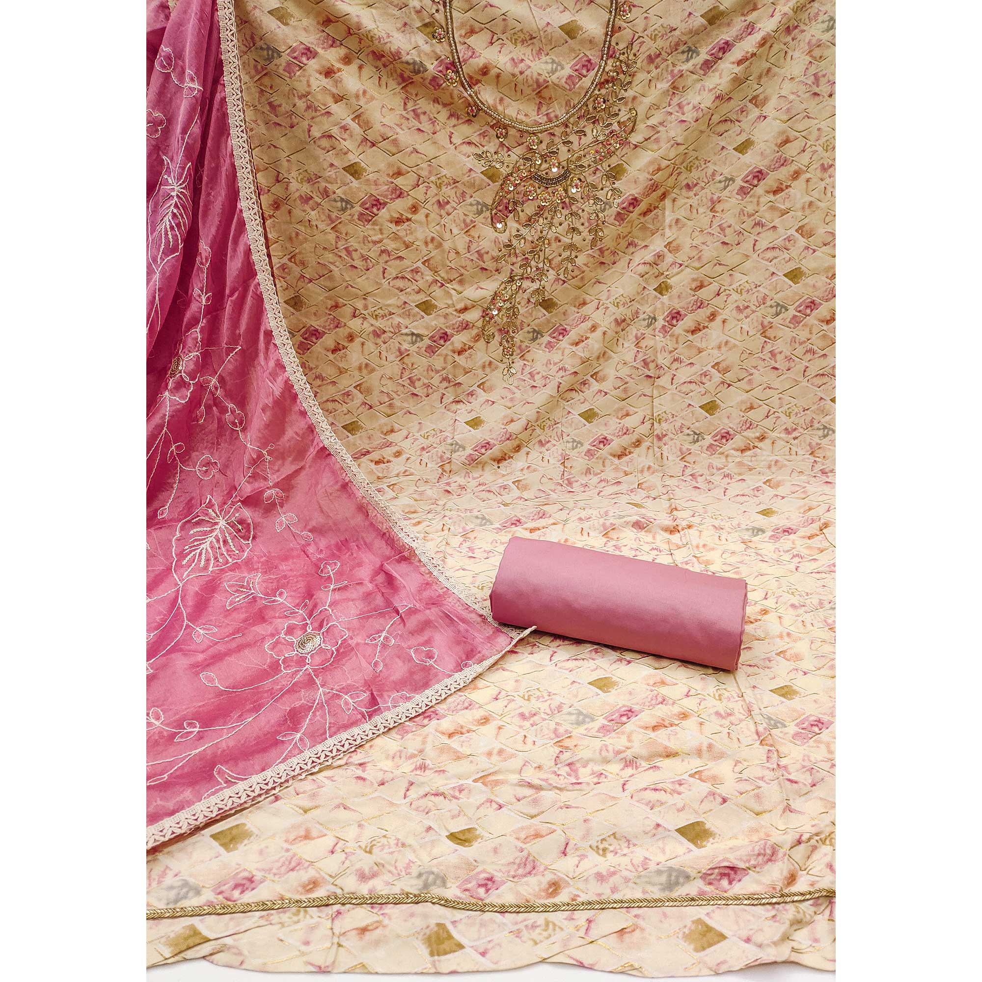 Cream & Pink Printed With Handwork Pure Cotton Dress Material